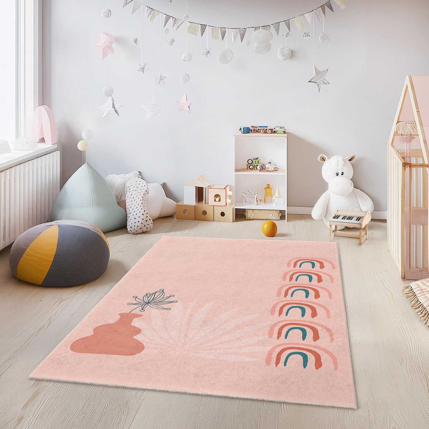 Rechteckiger Kinderteppich mit pastellfarbenem Regenbogen- und Blumenmuster, weicher Teppich fürs Kinderzimmer, Spielzimmerdeko, moderner Kinderzimmerteppich, farbenfroher Teppich