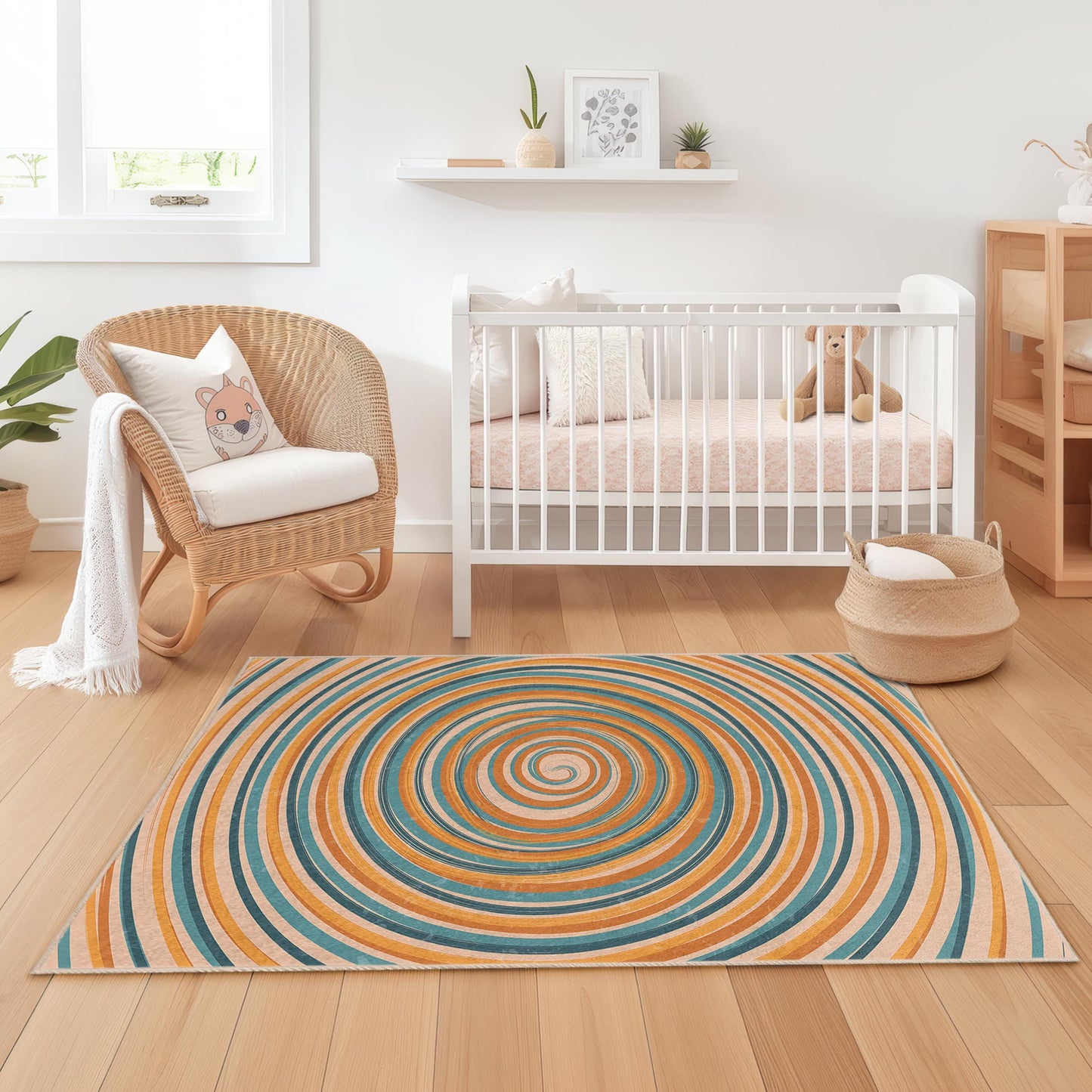 Bunter, rechteckiger Teppich mit Wirbelmuster: Dekoration für Spielzimmer und Kinderzimmer