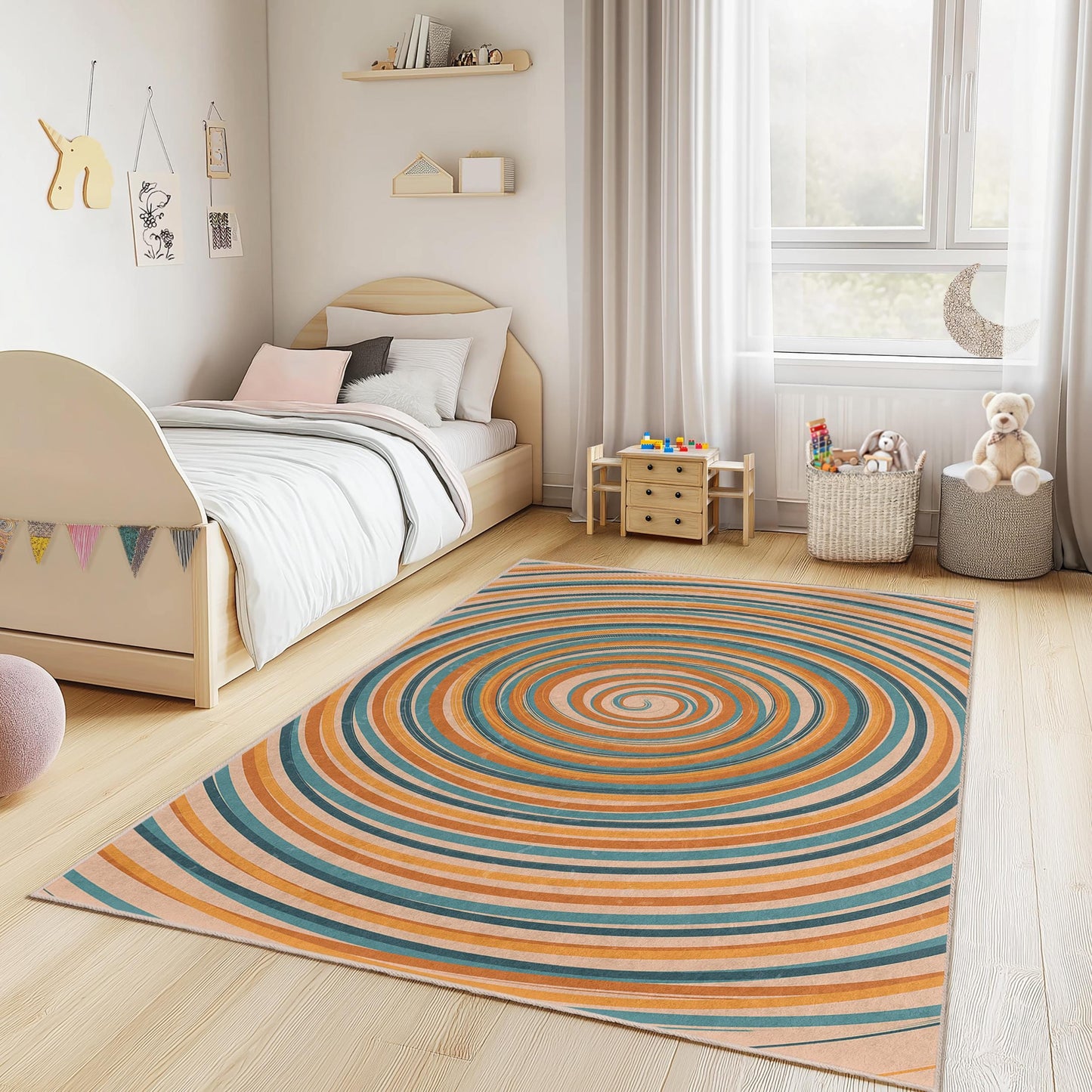 Bunter, rechteckiger Teppich mit Wirbelmuster: Dekoration für Spielzimmer und Kinderzimmer