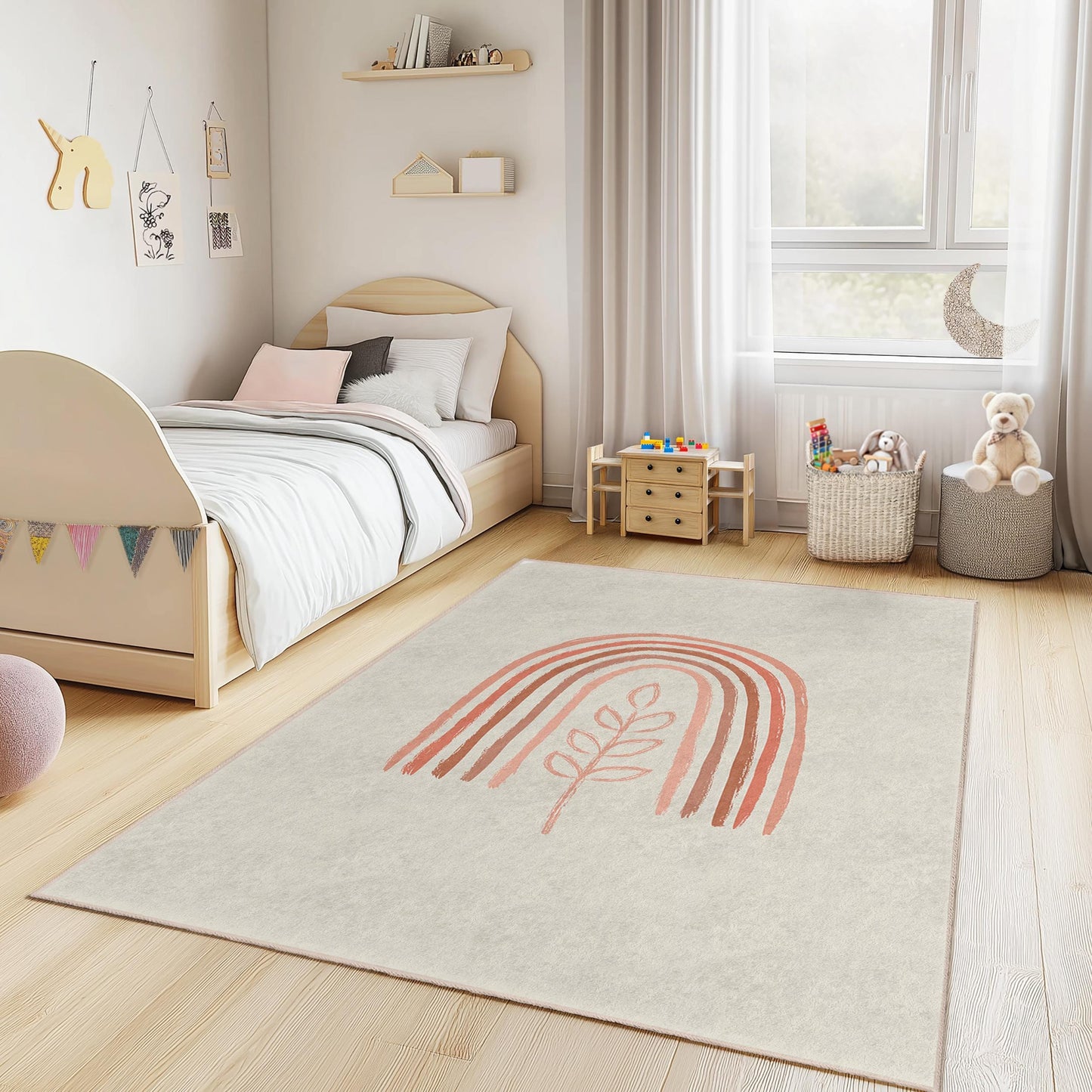 Rechteckiger Kinderteppich mit Regenbogen- und Blättermuster, Kinderzimmerdeko, weicher und kuscheliger Spielzimmerteppich, Spielmatte für Kinder