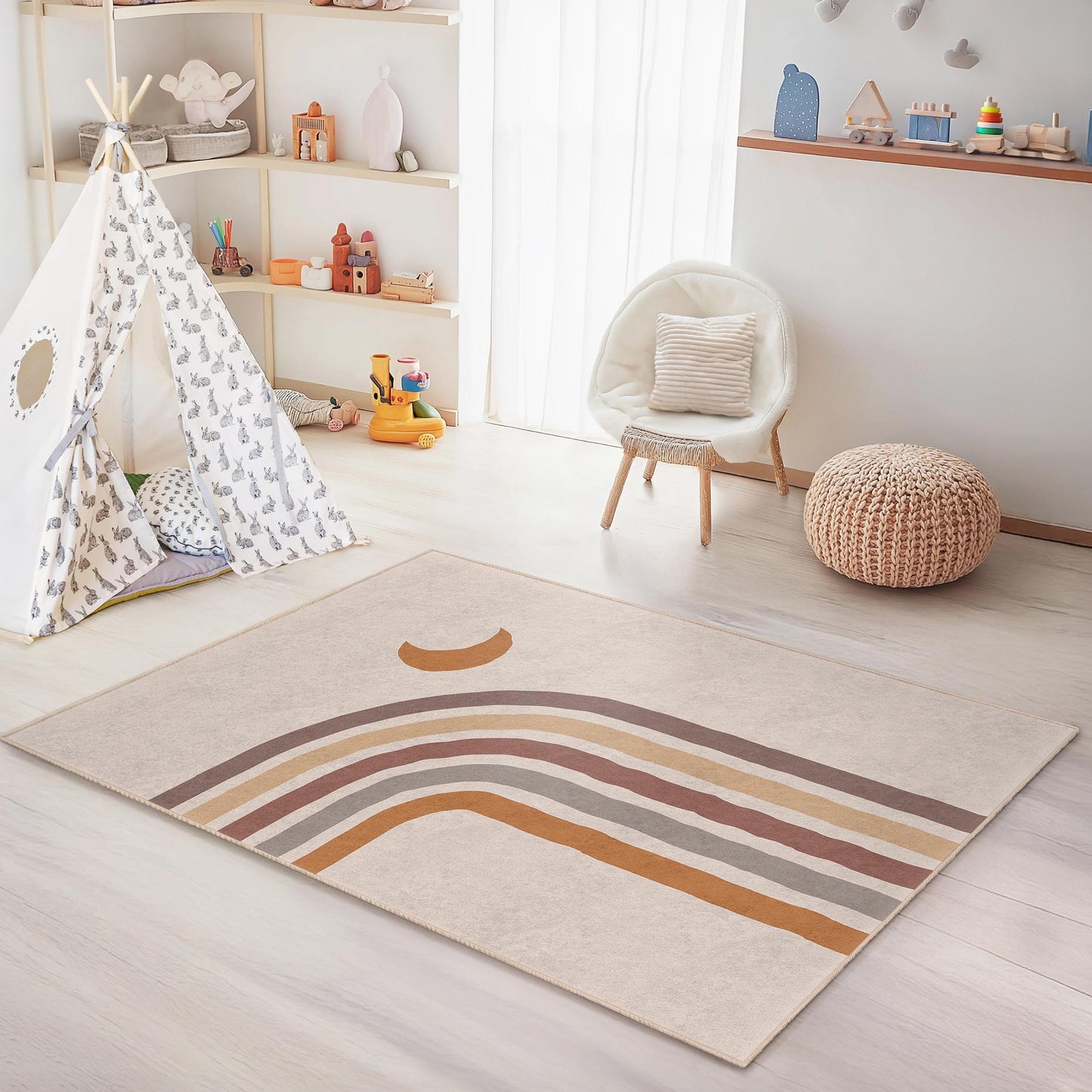 Rechteckiger Kinderteppich mit Regenbogenstreifen, bunter Spielzimmerteppich, weicher Teppich fürs Kinderzimmer, moderne Kinderzimmerdekoration, Babyzimmerteppich