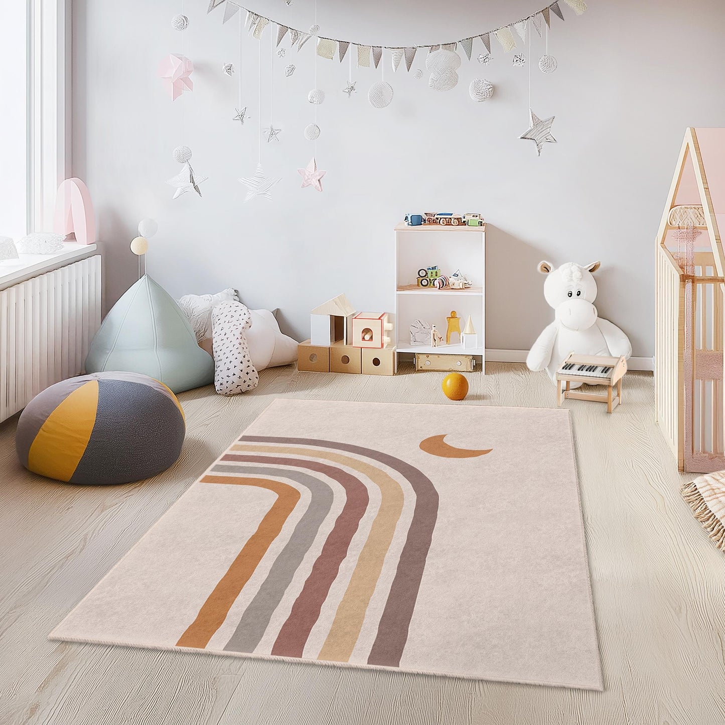 Rechteckiger Kinderteppich mit Regenbogenstreifen, bunter Spielzimmerteppich, weicher Teppich fürs Kinderzimmer, moderne Kinderzimmerdekoration, Babyzimmerteppich