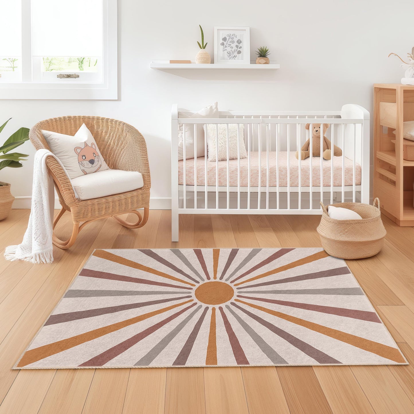Rechteckiger Kinderteppich mit Retro-Sonnenmuster, farbenfroher Kinderzimmerteppich, moderne Spielzimmerdekoration, weiche Spielmatte fürs Kinderzimmer