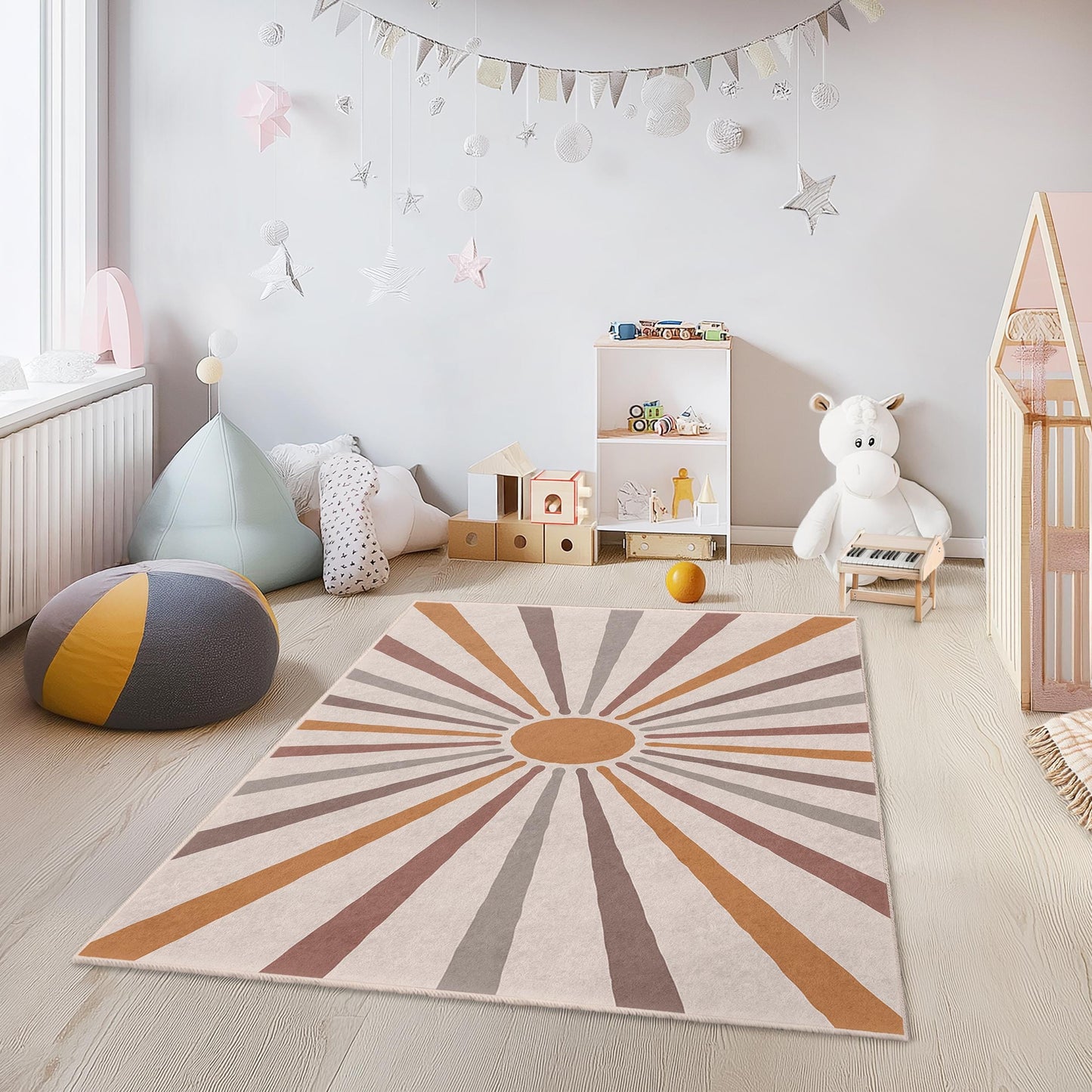 Rechteckiger Kinderteppich mit Retro-Sonnenmuster, farbenfroher Kinderzimmerteppich, moderne Spielzimmerdekoration, weiche Spielmatte fürs Kinderzimmer