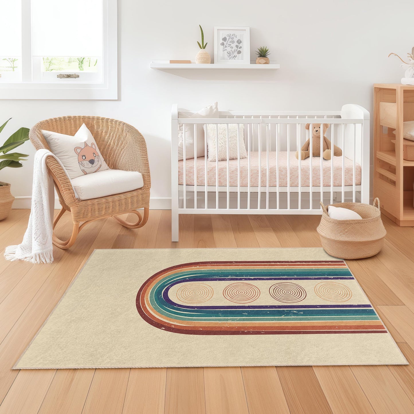 Bunter, rechteckiger Kinderteppich mit Regenbogenstreifen, Boho-Kinderzimmerteppich, moderne Spielzimmerdekoration, weicher Kinderteppich, einzigartiger Kinderteppich