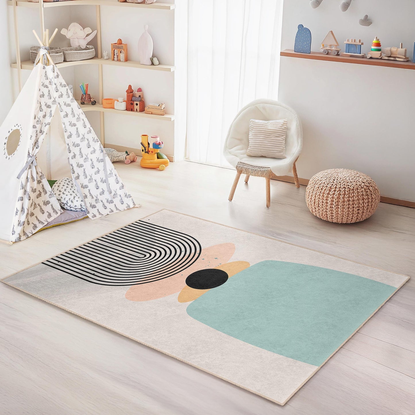 Moderner geometrischer rechteckiger Teppich, abstrakter Design-Teppich, stilvoller Wohnzimmerteppich, Kinderzimmerdeko, einzigartiges Wohnaccessoire