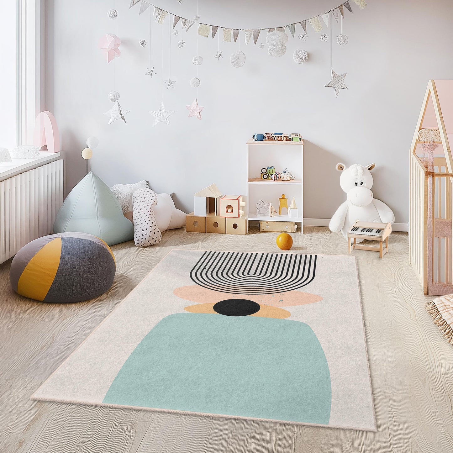 Moderner geometrischer rechteckiger Teppich, abstrakter Design-Teppich, stilvoller Wohnzimmerteppich, Kinderzimmerdeko, einzigartiges Wohnaccessoire