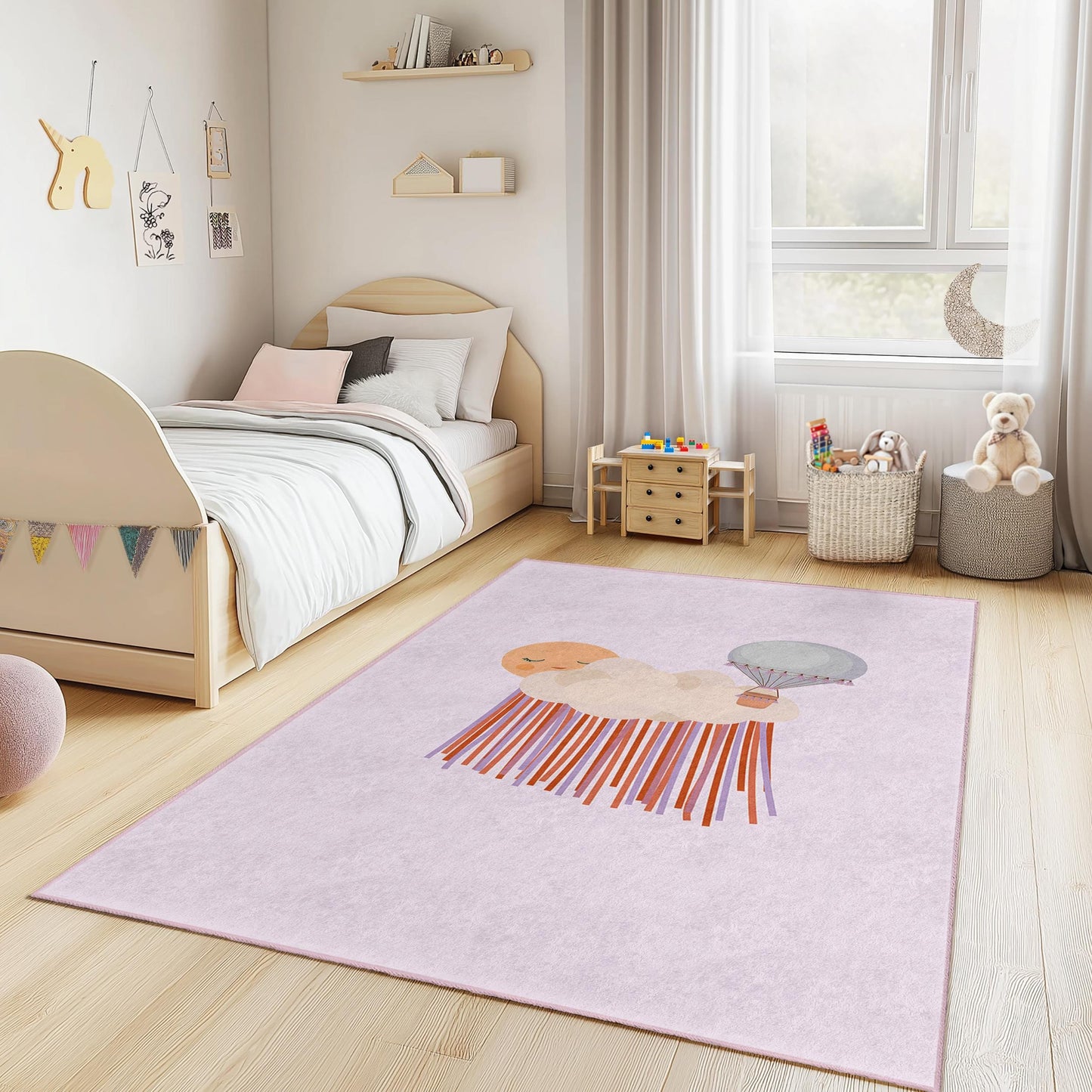 Verträumter Wolken- und Ballonteppich für Kinder, rechteckiger Babyzimmerteppich, weiche Kinderzimmerdekoration, Spielzimmerteppich, niedlicher Wolkenteppich