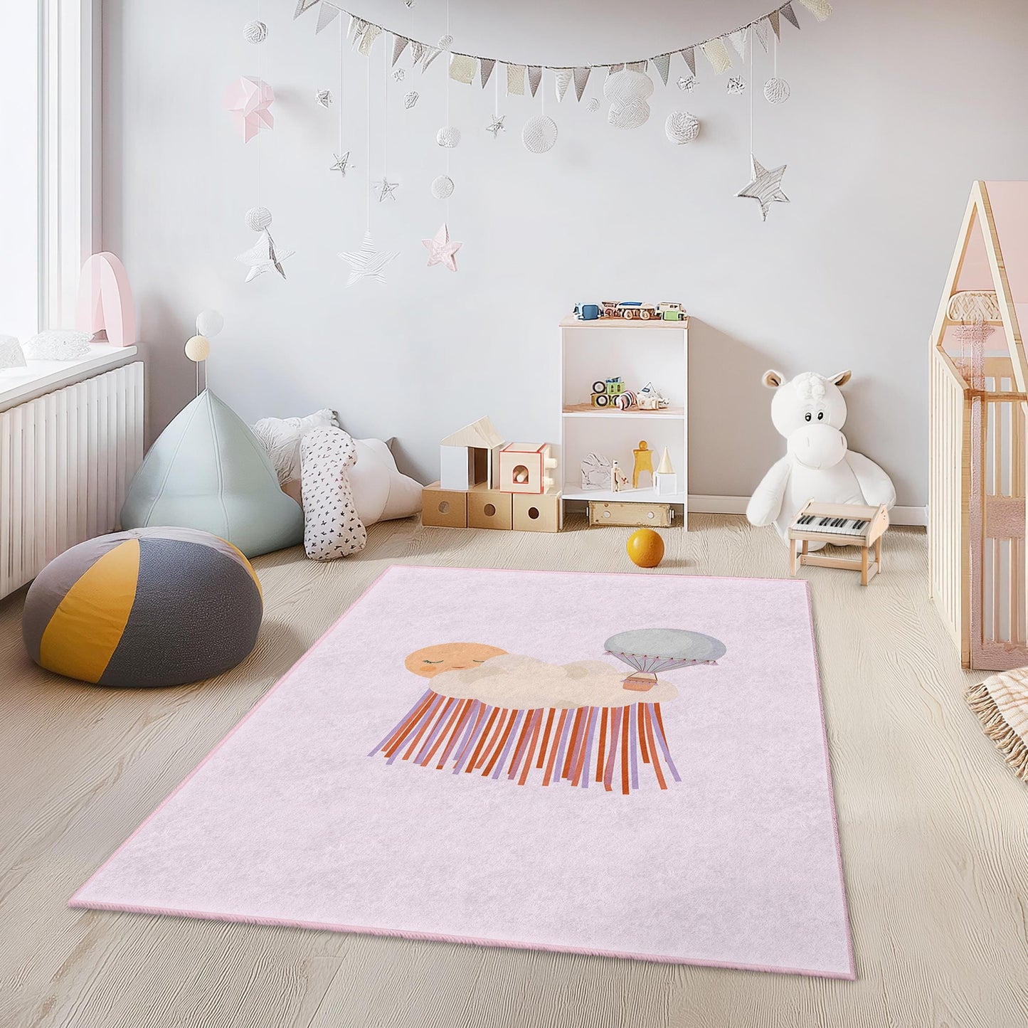 Verträumter Wolken- und Ballonteppich für Kinder, rechteckiger Babyzimmerteppich, weiche Kinderzimmerdekoration, Spielzimmerteppich, niedlicher Wolkenteppich
