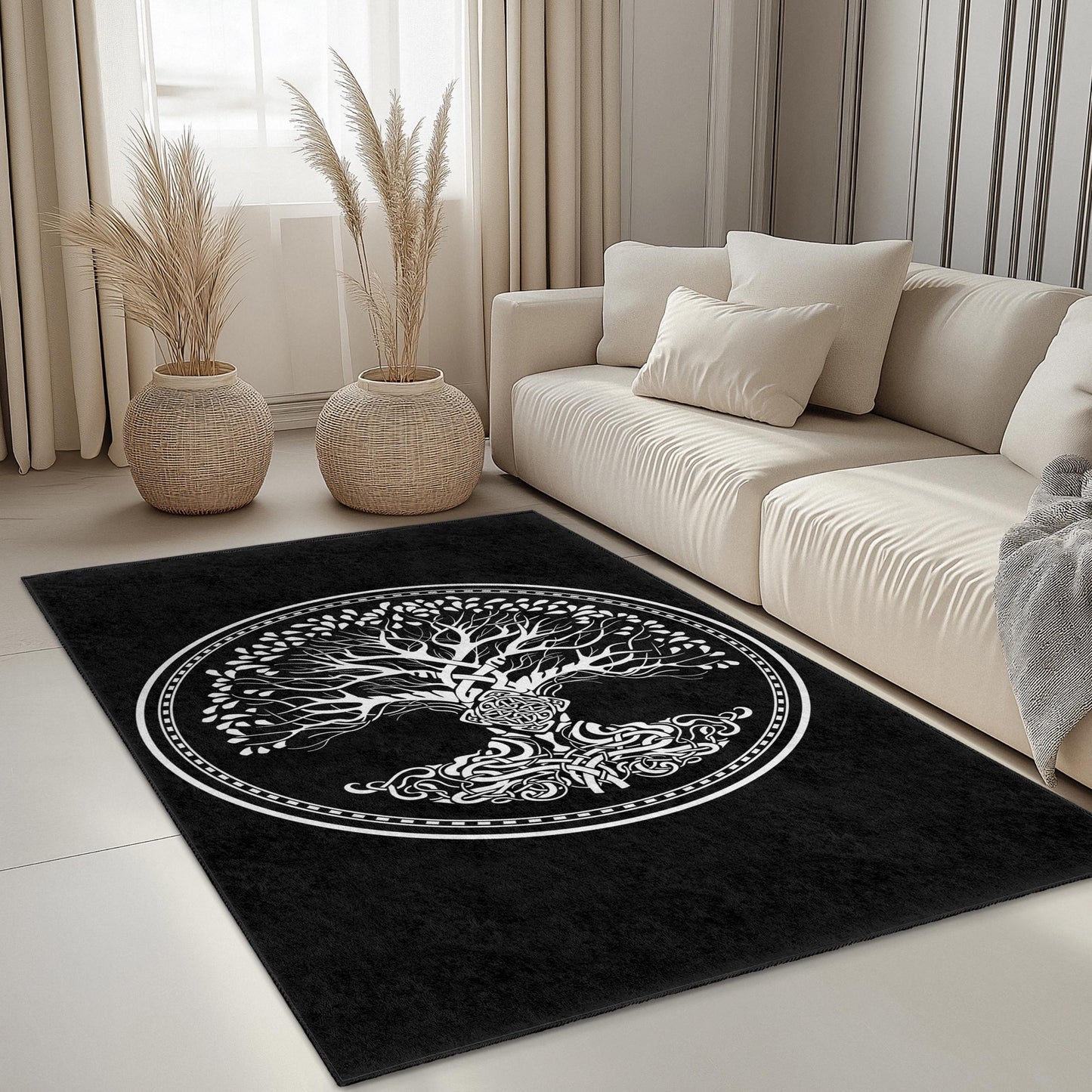Rechteckiger Teppich mit keltischem Lebensbaum-Motiv, kunstvolles Baumdesign, einzigartige Wohndekoration, naturinspirierte Fußmatte, Wohnzimmerteppich