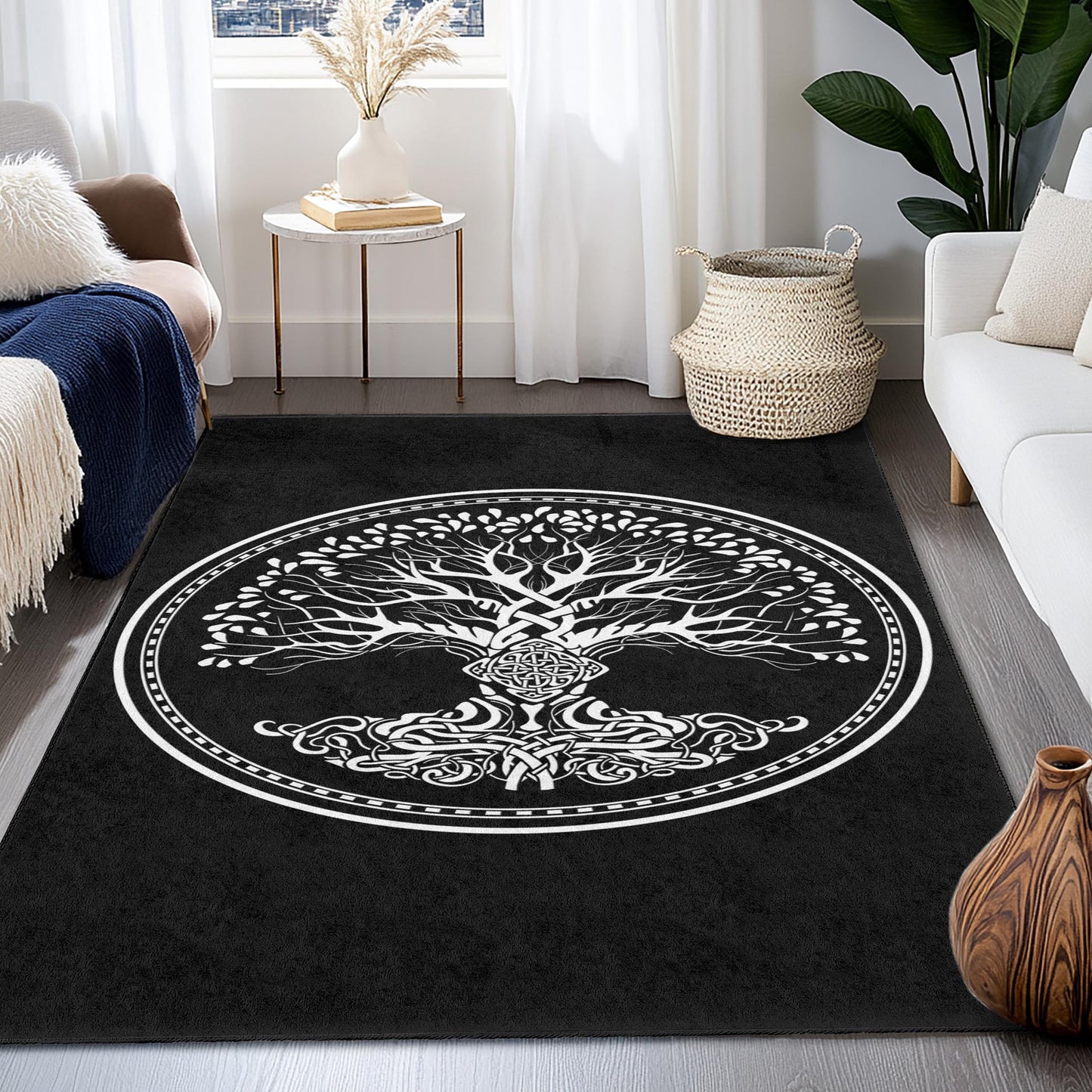 Rechteckiger Teppich mit keltischem Lebensbaum-Motiv, kunstvolles Baumdesign, einzigartige Wohndekoration, naturinspirierte Fußmatte, Wohnzimmerteppich