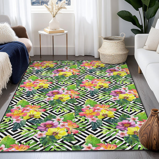 Tropical Floral Pattern Rectangle Rug, Colorful Flower Carpet, Modern Area Rug, Home Decor, Living Room Rug, Indoor Carpet