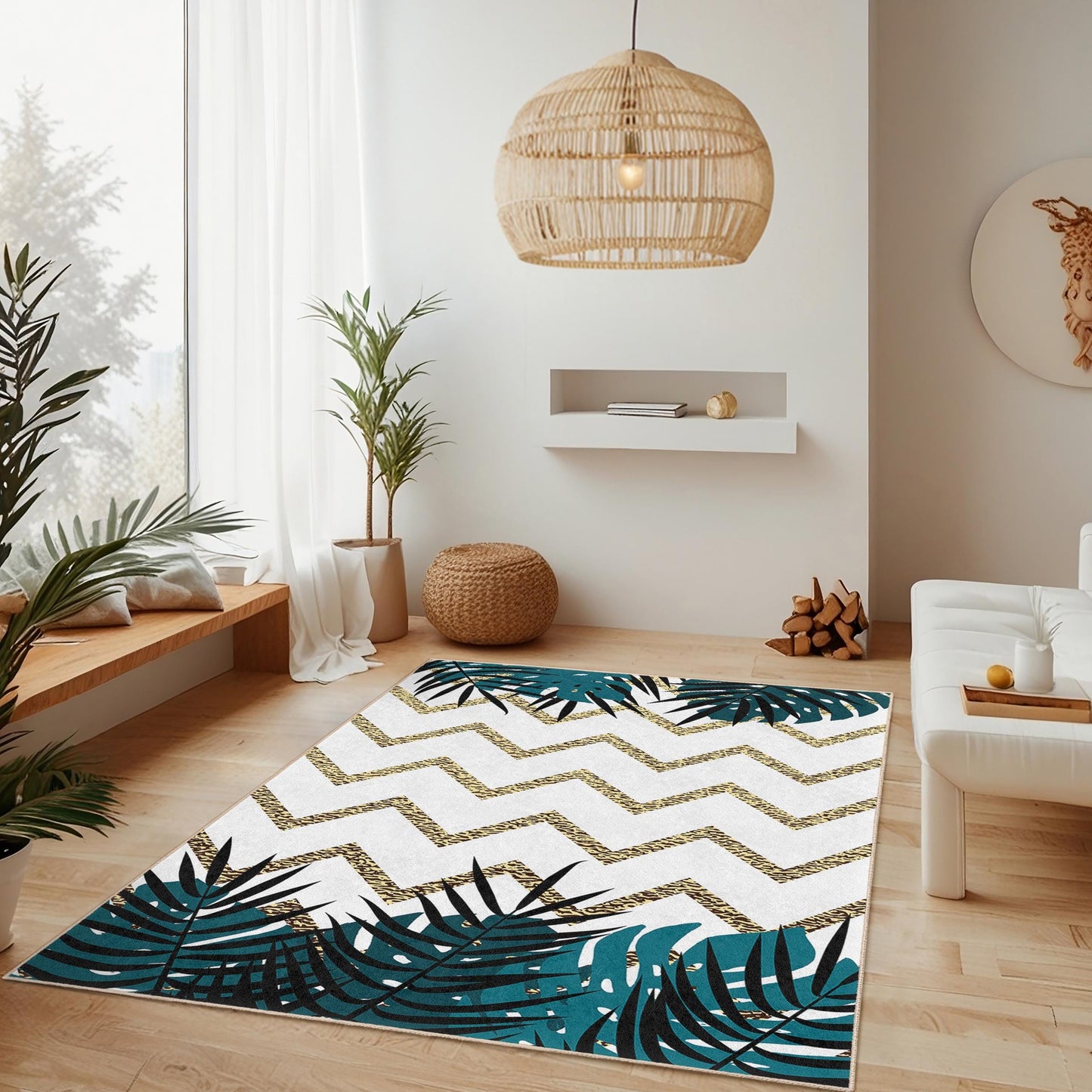 Rechteckiger Teppich mit tropischem Blatt-Zickzackmuster, moderner Wohnzimmerteppich, Boho-Chic-Teppich, Fußmatte für den Innenbereich, Wohnaccessoire