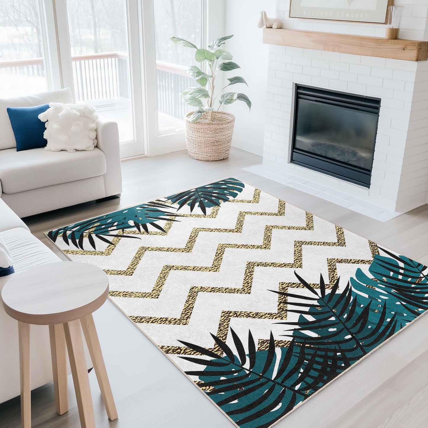 Rechteckiger Teppich mit tropischem Blatt-Zickzackmuster, moderner Wohnzimmerteppich, Boho-Chic-Teppich, Fußmatte für den Innenbereich, Wohnaccessoire