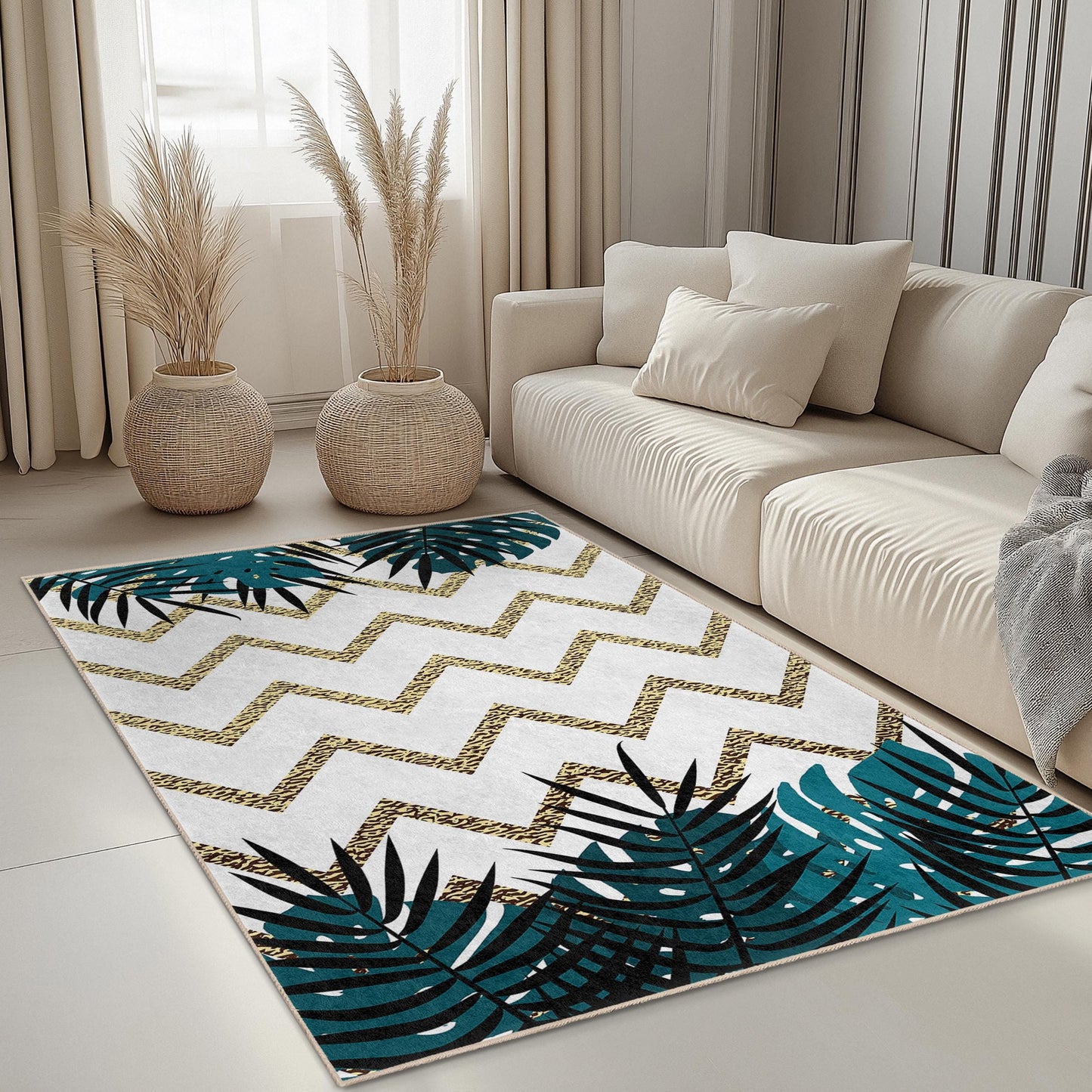 Rechteckiger Teppich mit tropischem Blatt-Zickzackmuster, moderner Wohnzimmerteppich, Boho-Chic-Teppich, Fußmatte für den Innenbereich, Wohnaccessoire