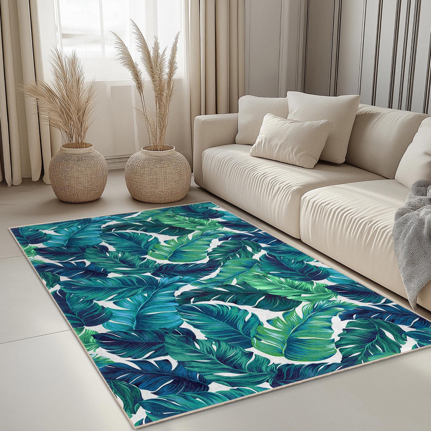 Rechteckiger Teppich mit tropischem Blattmuster, grüner Teppich mit Blattdesign, Wohnzimmerteppich, Boho-Dekor, naturinspirierter Bodenbelag