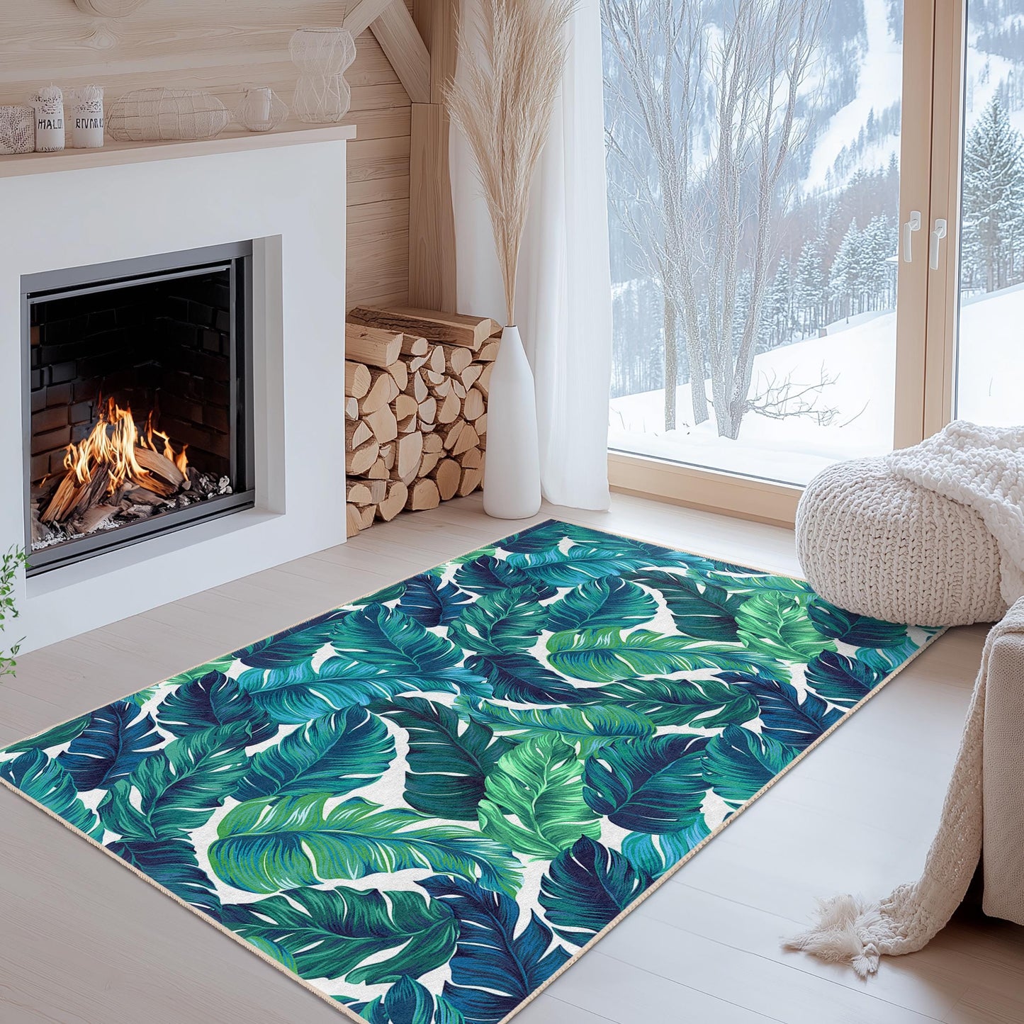 Rechteckiger Teppich mit tropischem Blattmuster, grüner Teppich mit Blattdesign, Wohnzimmerteppich, Boho-Dekor, naturinspirierter Bodenbelag
