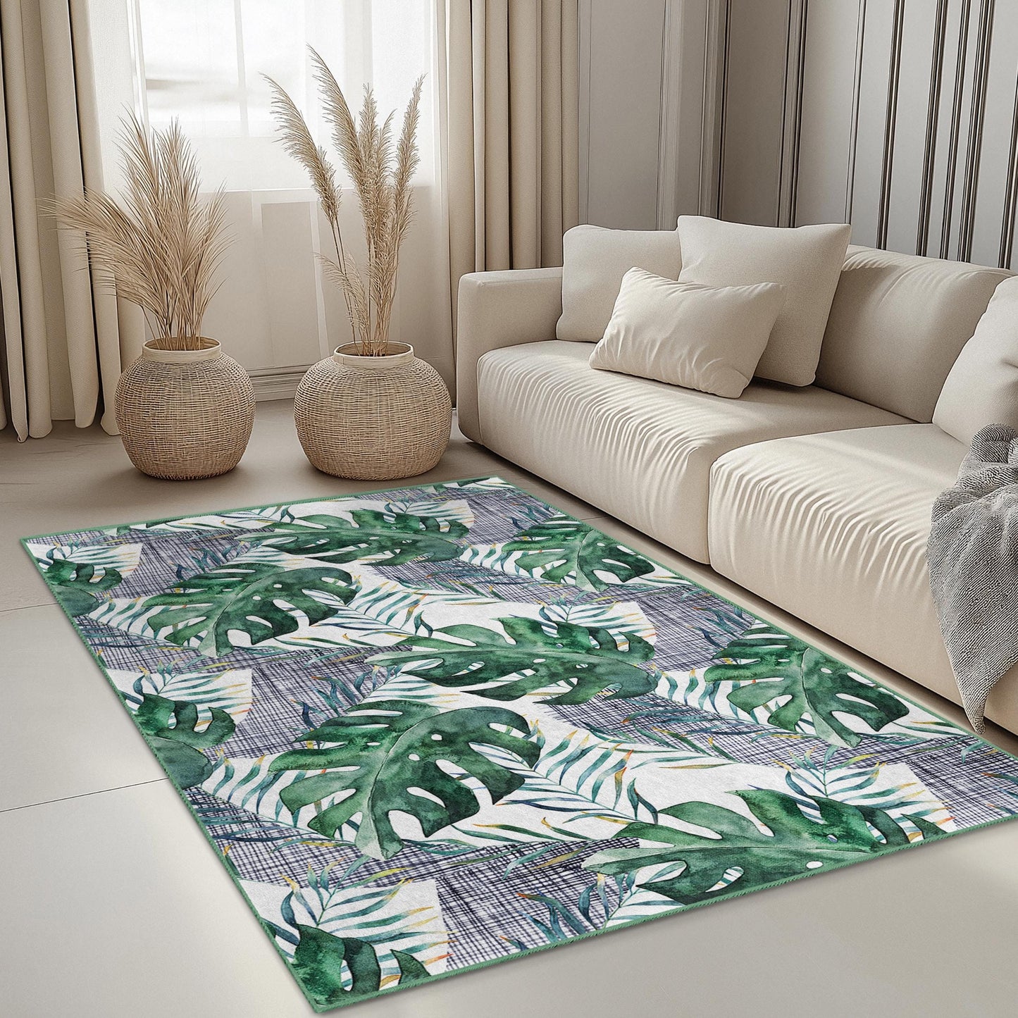 Rechteckiger Teppich mit tropischem Blattmuster, Teppich mit grüner Monstera-Pflanze, Wohnzimmerteppich, moderne Wohndekoration, von der Natur inspirierter Teppich