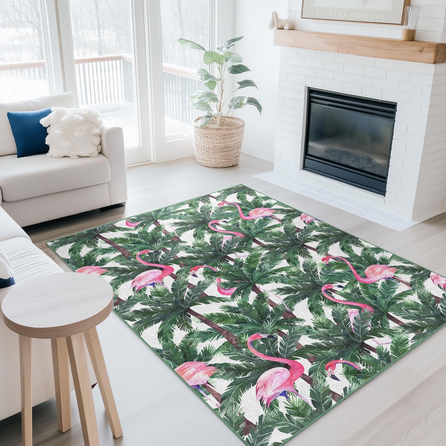 Rechteckiger Teppich mit tropischem Flamingo-Motiv, Teppich mit Palmenblattmuster, Indoor-Teppich, Wohnzimmerdeko, Wohnaccessoire im Boho-Stil