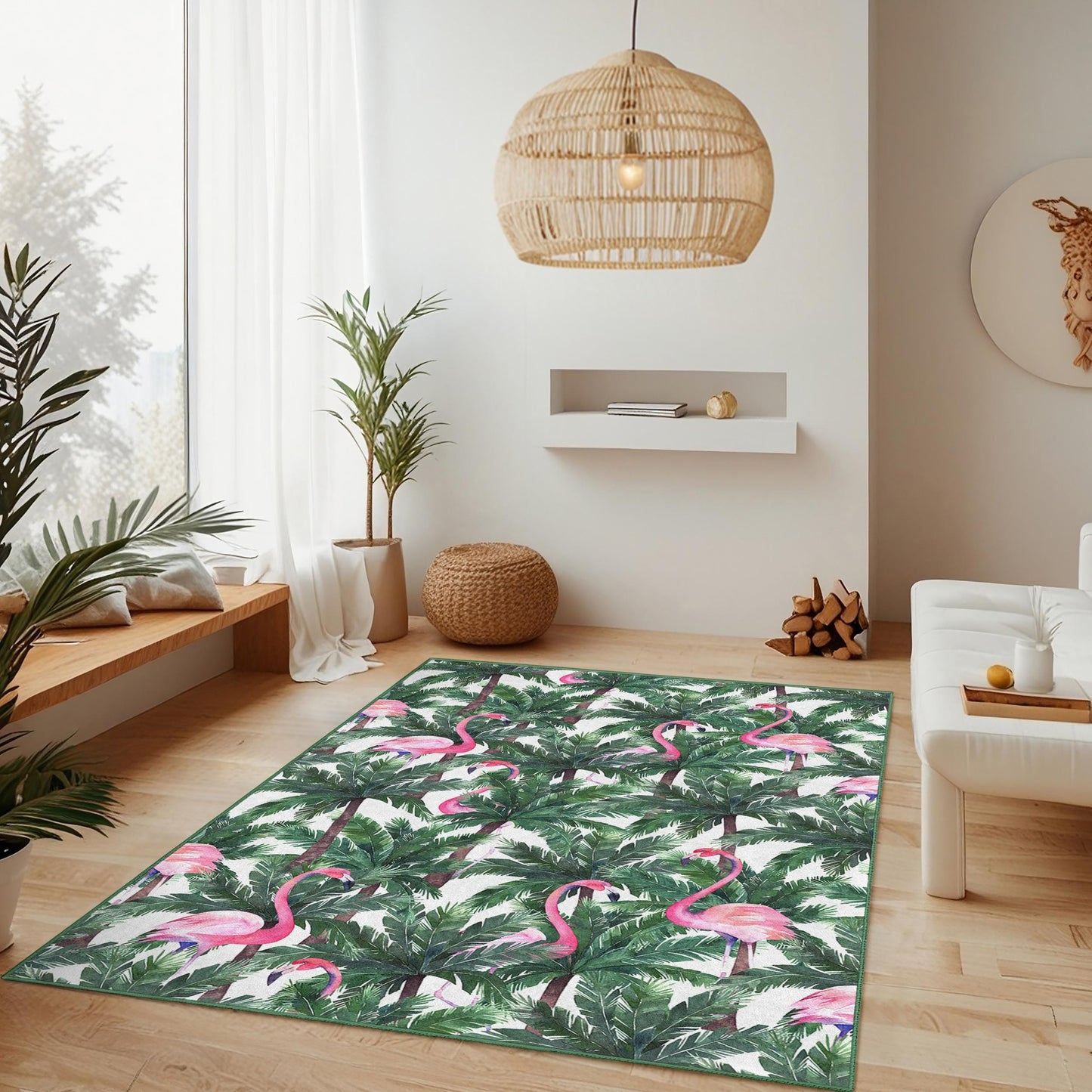 Rechteckiger Teppich mit tropischem Flamingo-Motiv, Teppich mit Palmenblattmuster, Indoor-Teppich, Wohnzimmerdeko, Wohnaccessoire im Boho-Stil