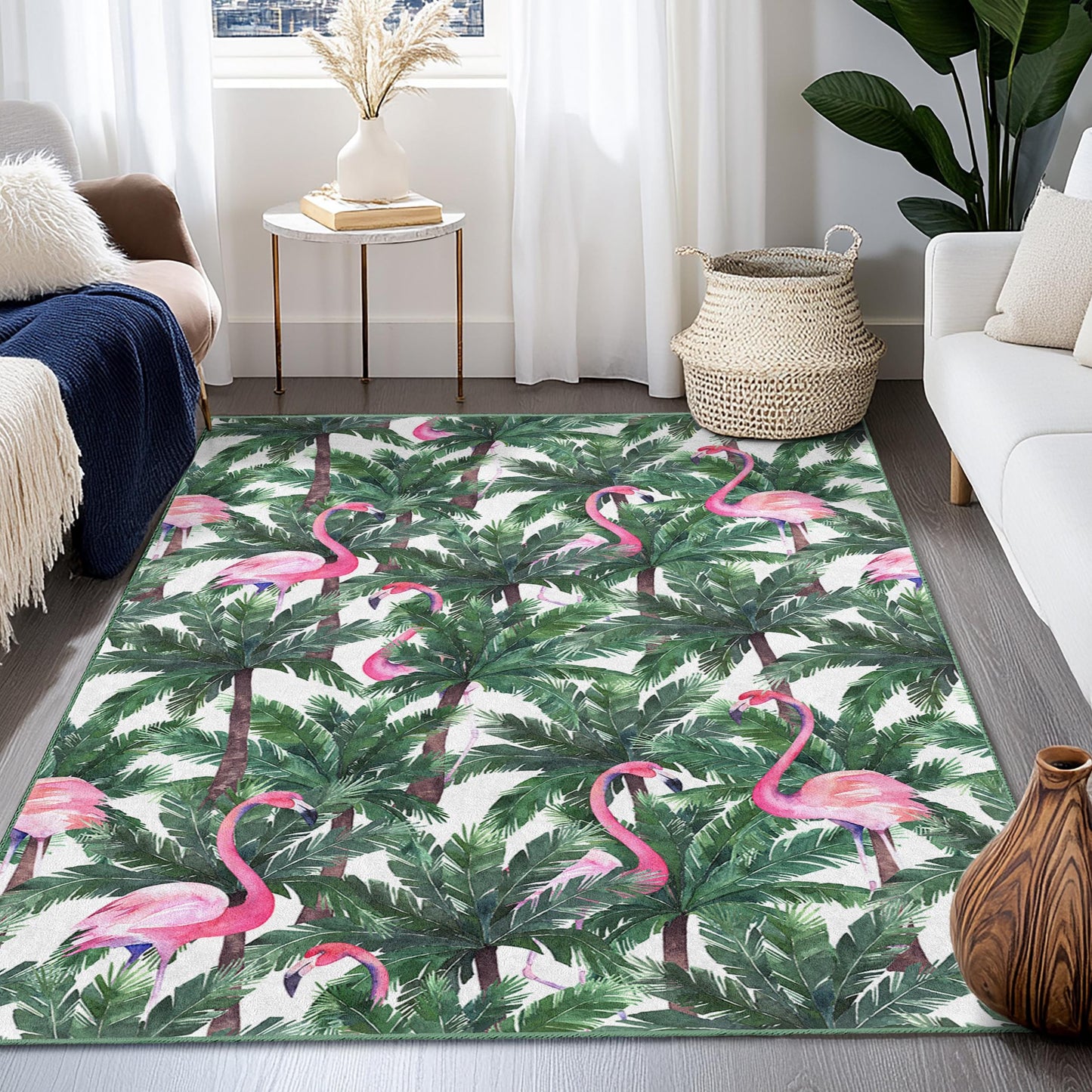 Rechteckiger Teppich mit tropischem Flamingo-Motiv, Teppich mit Palmenblattmuster, Indoor-Teppich, Wohnzimmerdeko, Wohnaccessoire im Boho-Stil