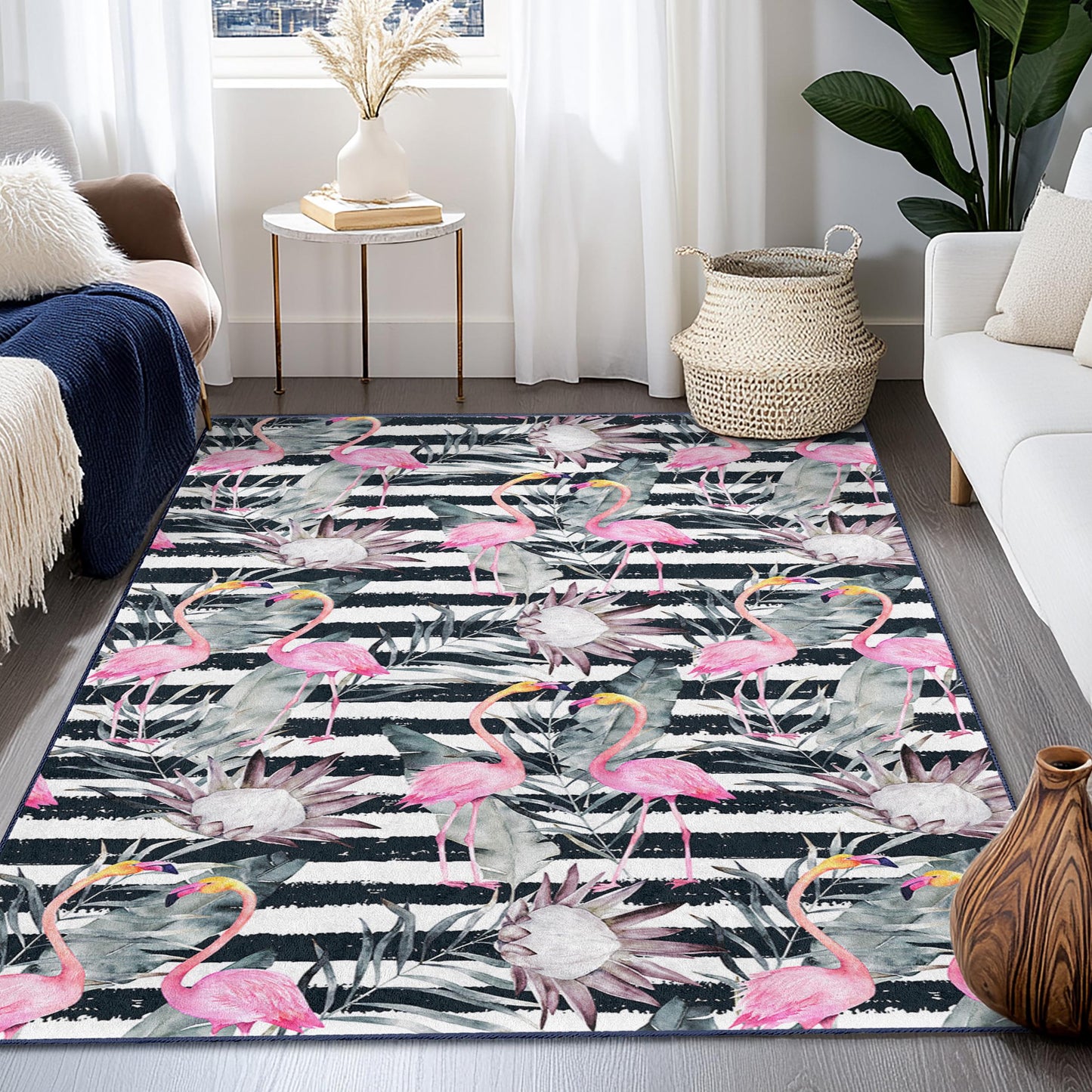 Rechteckiger Teppich mit tropischem Flamingo-Motiv, gestreifter Teppich mit Blumenmuster, moderner Wohnzimmerteppich, Strandhaus-Dekoration, Kinderzimmerteppich