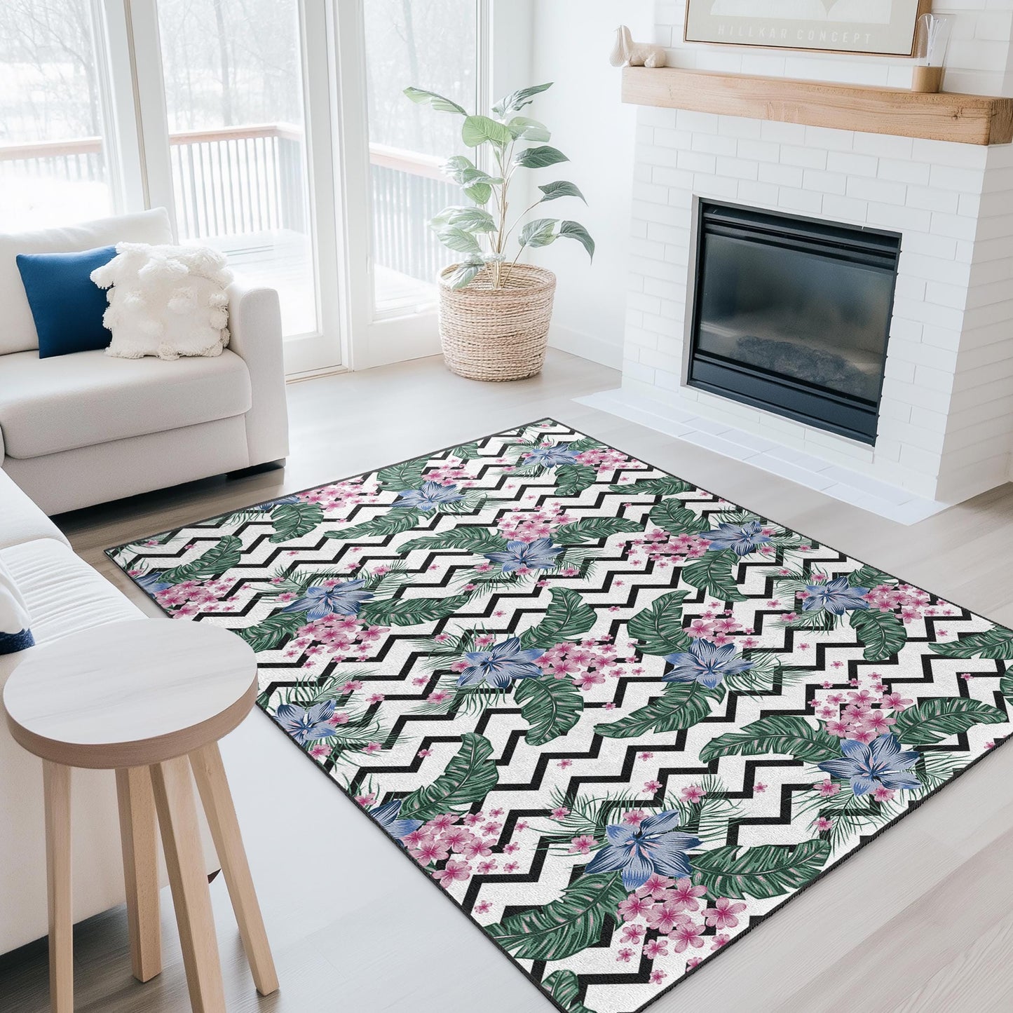 Rechteckiger Teppich mit fröhlichem Blumenmuster, schwarz-weißes Chevron-Design, Wohnzimmerteppich, Wohnaccessoire, Teppich im Boho-Stil