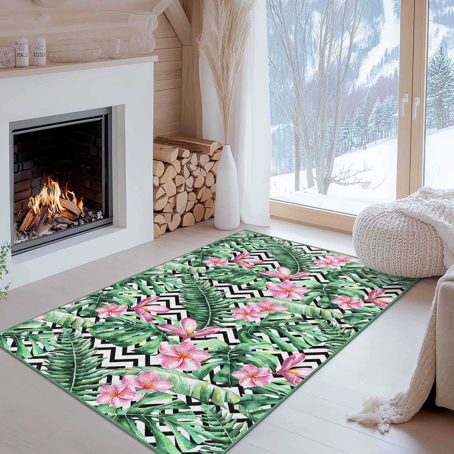 Rechteckiger Teppich mit tropischem Blumenmuster, Teppich mit botanischem Blattdesign, Wohnzimmerteppich, Innendekoration, Naturinspirierter Wohnteppich