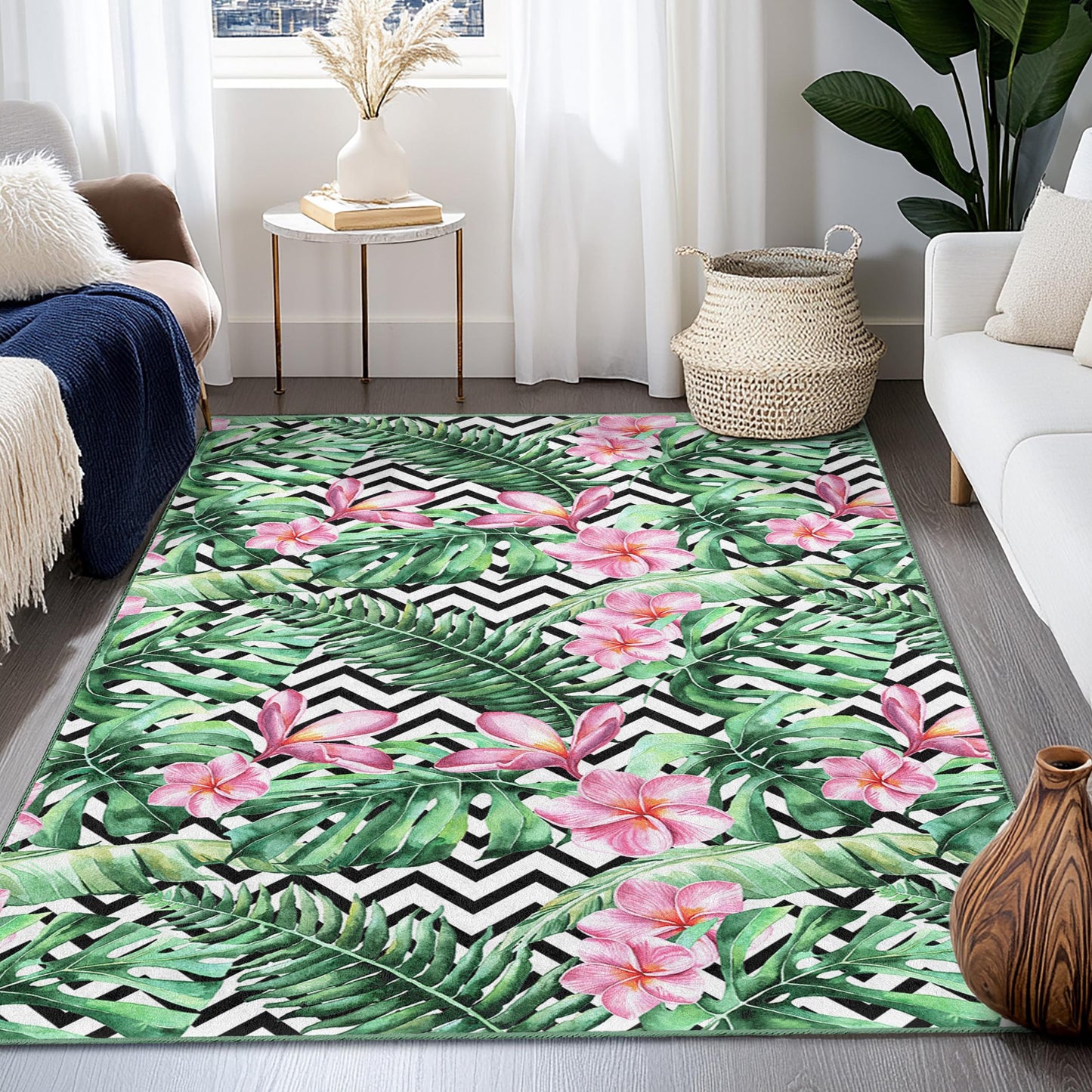 Rechteckiger Teppich mit tropischem Blumenmuster, Teppich mit botanischem Blattdesign, Wohnzimmerteppich, Innendekoration, Naturinspirierter Wohnteppich