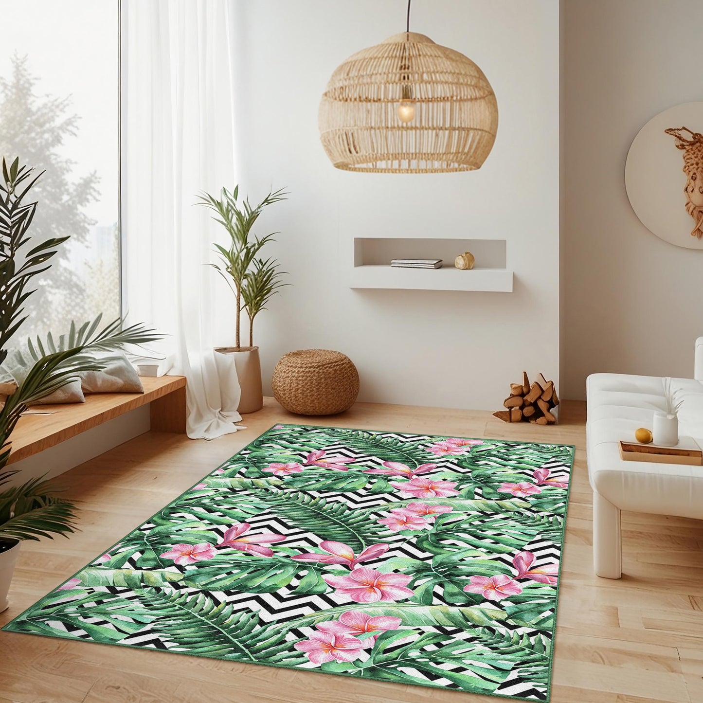 Rechteckiger Teppich mit tropischem Blumenmuster, Teppich mit botanischem Blattdesign, Wohnzimmerteppich, Innendekoration, Naturinspirierter Wohnteppich