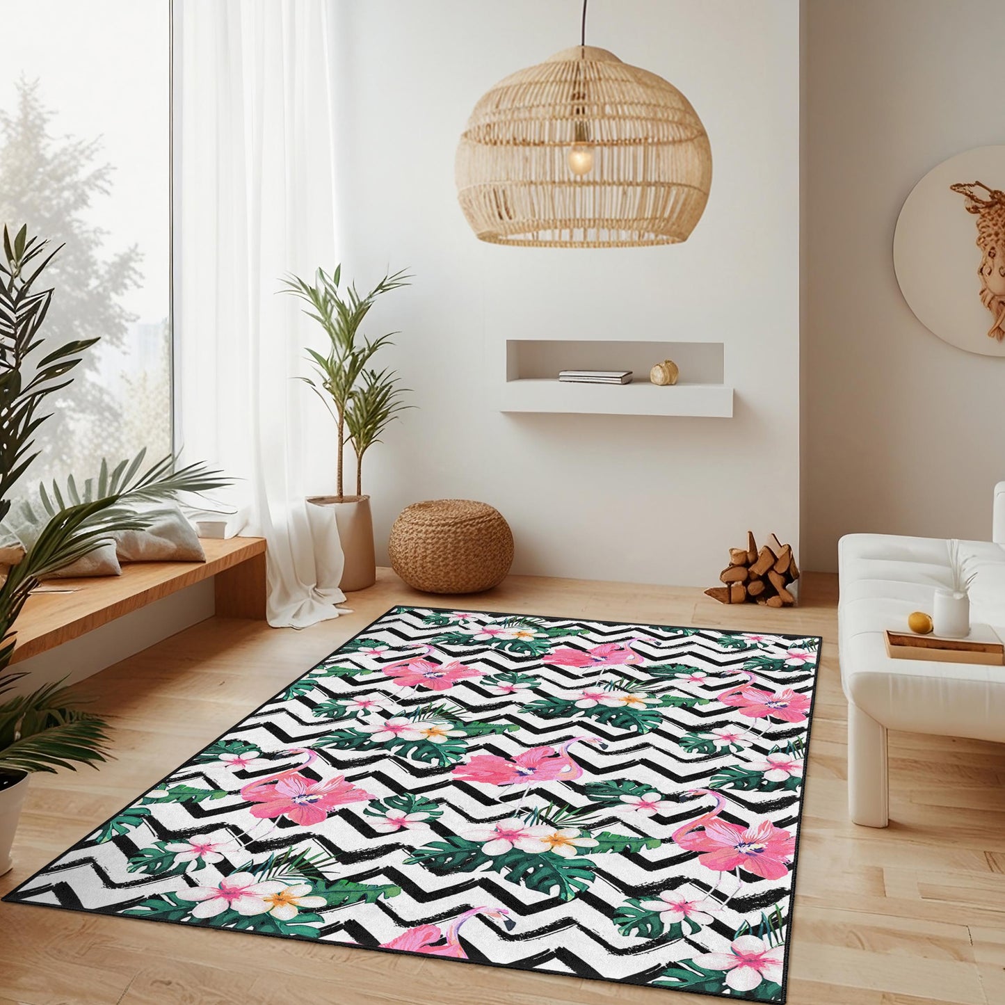Tropischer Flamingo-Teppich, Teppich mit Blumenmuster, rechteckiger Wohnzimmerteppich, schicke Wohndekoration, Teppich im Bohème-Stil