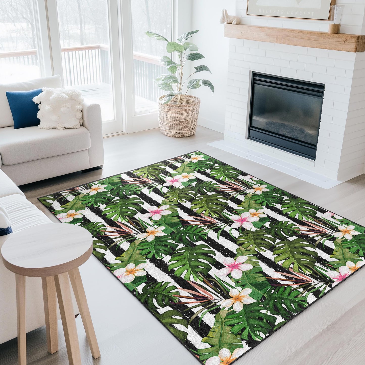 Teppich mit tropischem Blättermuster, rechteckiger Teppich mit Blumenmuster, Wohnzimmerteppich, moderne Wohndekoration, Teppich für drinnen und draußen, im Bohème-Stil