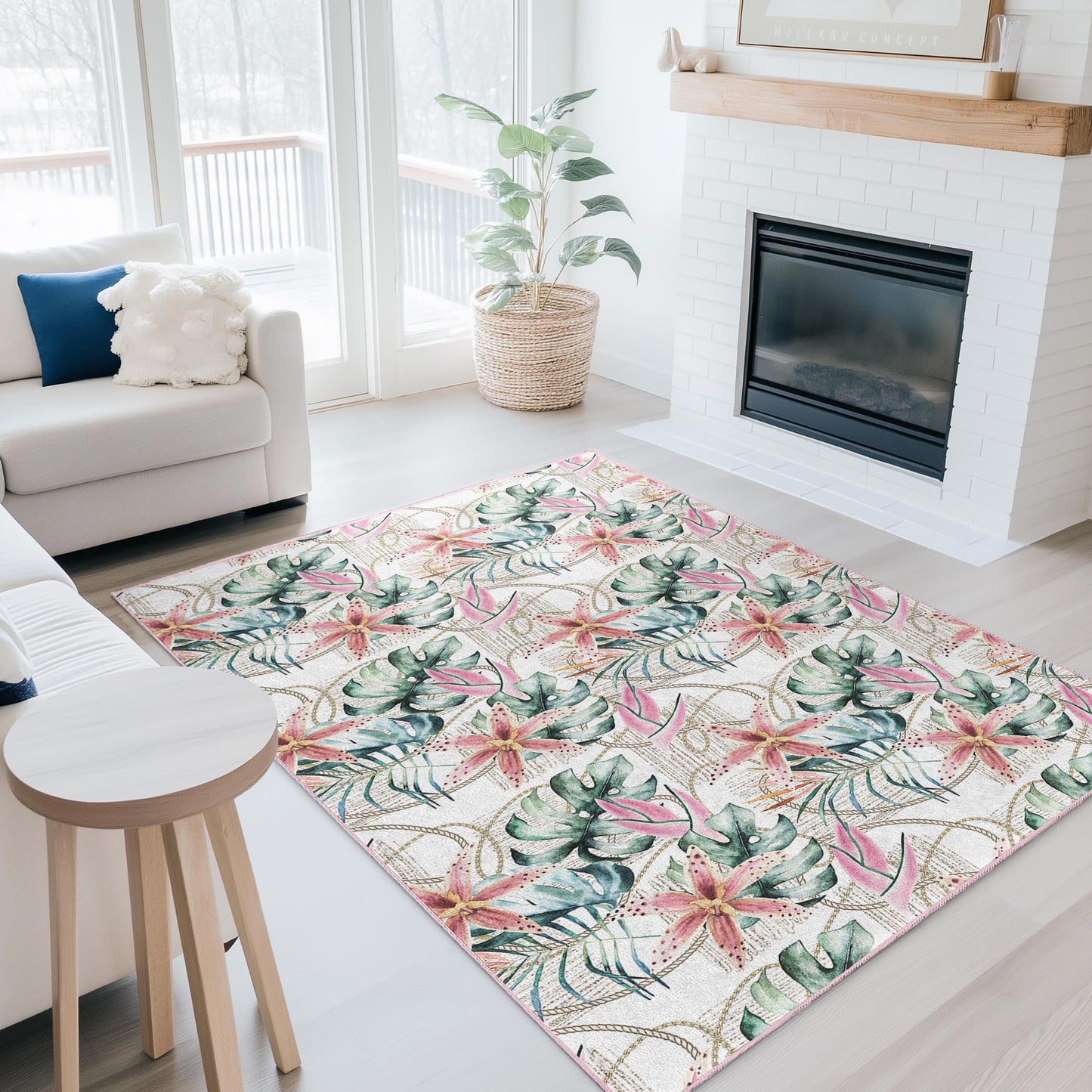 Tropischer Blumenteppich, rechteckiger Wohnzimmerteppich, Teppich mit botanischem Muster, weicher Indoor-Teppich, Wohnaccessoire, Boho-Stil