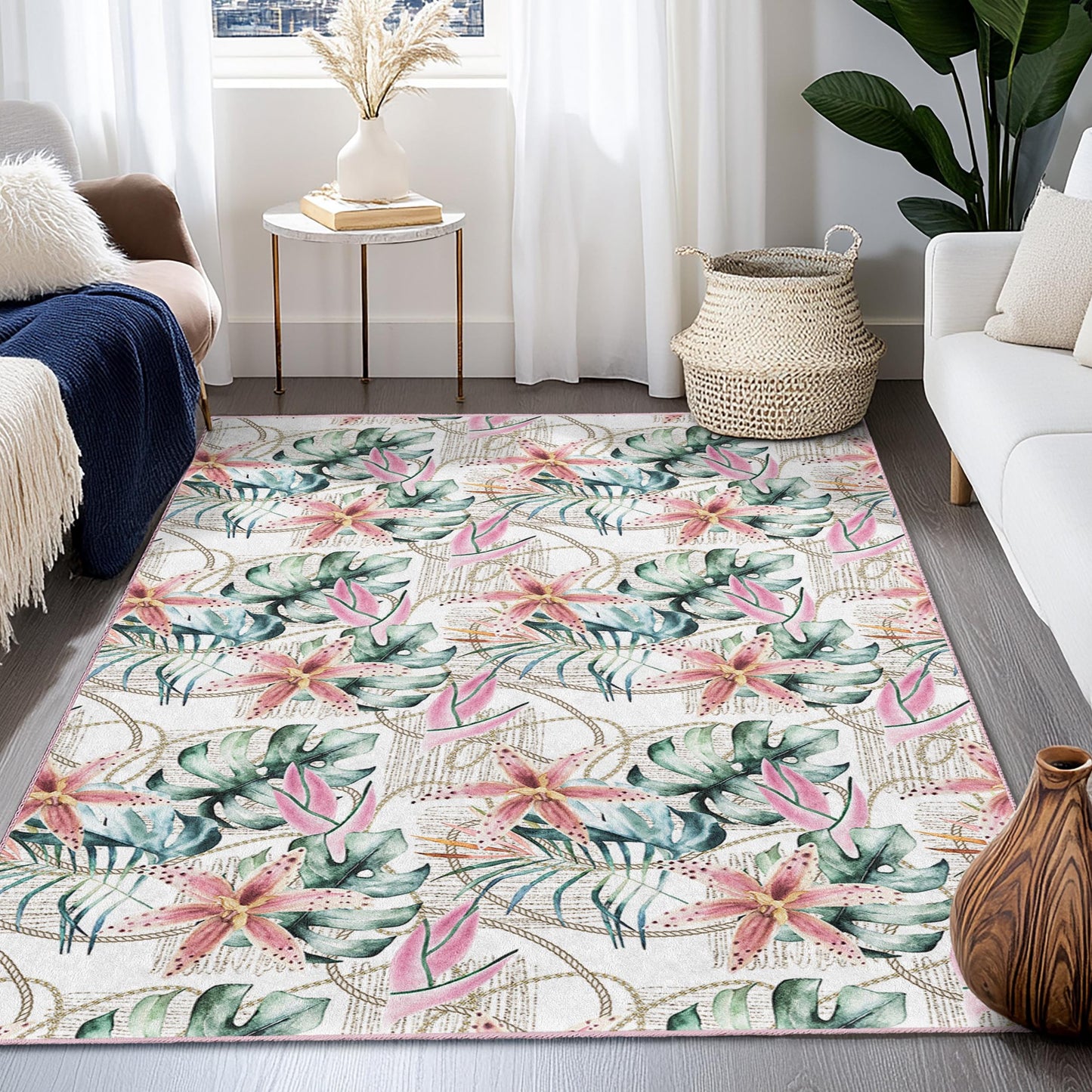 Tropischer Blumenteppich, rechteckiger Wohnzimmerteppich, Teppich mit botanischem Muster, weicher Indoor-Teppich, Wohnaccessoire, Boho-Stil