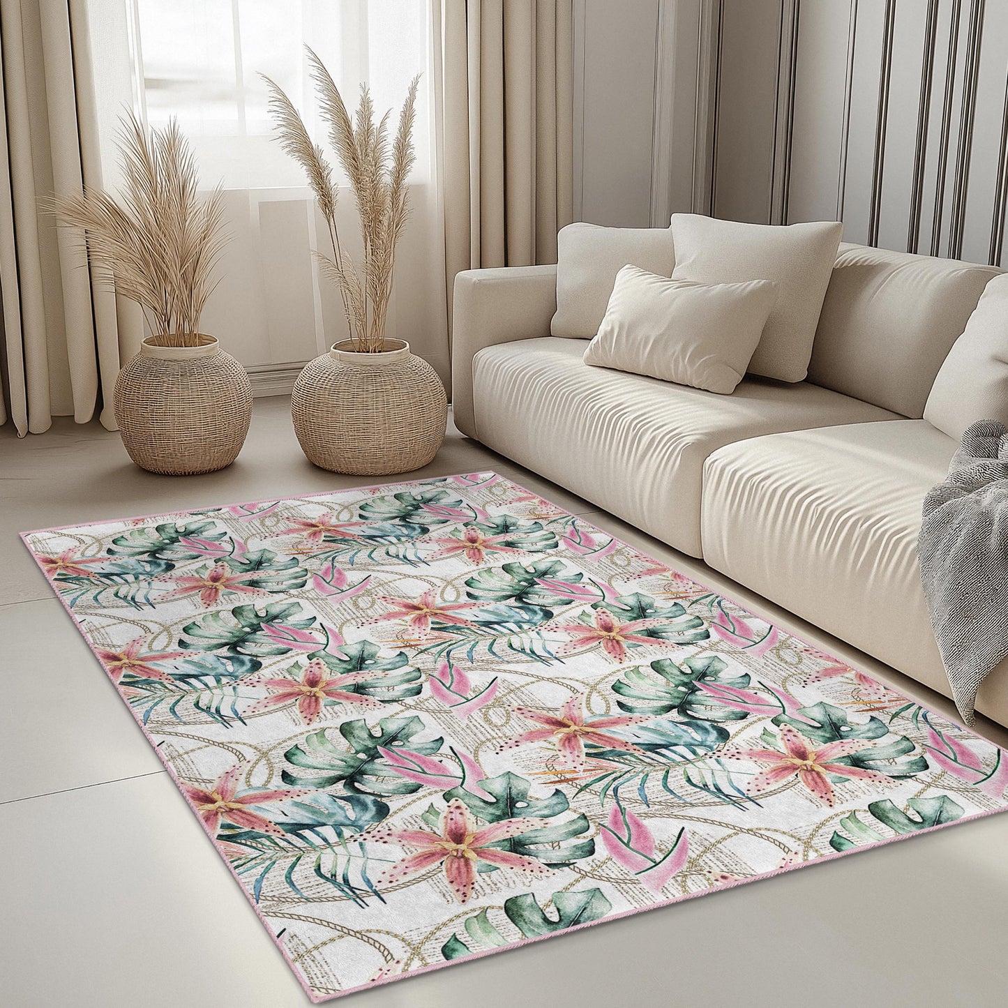 Tropischer Blumenteppich, rechteckiger Wohnzimmerteppich, Teppich mit botanischem Muster, weicher Indoor-Teppich, Wohnaccessoire, Boho-Stil