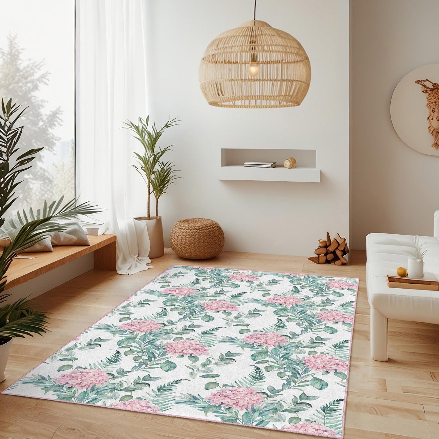 Rechteckiger Teppich mit Blumenmuster, Wohnzimmerteppich mit rosa Hortensienmotiv, botanische Dekoration für Zuhause, weiche und kuschelige Fußmatte
