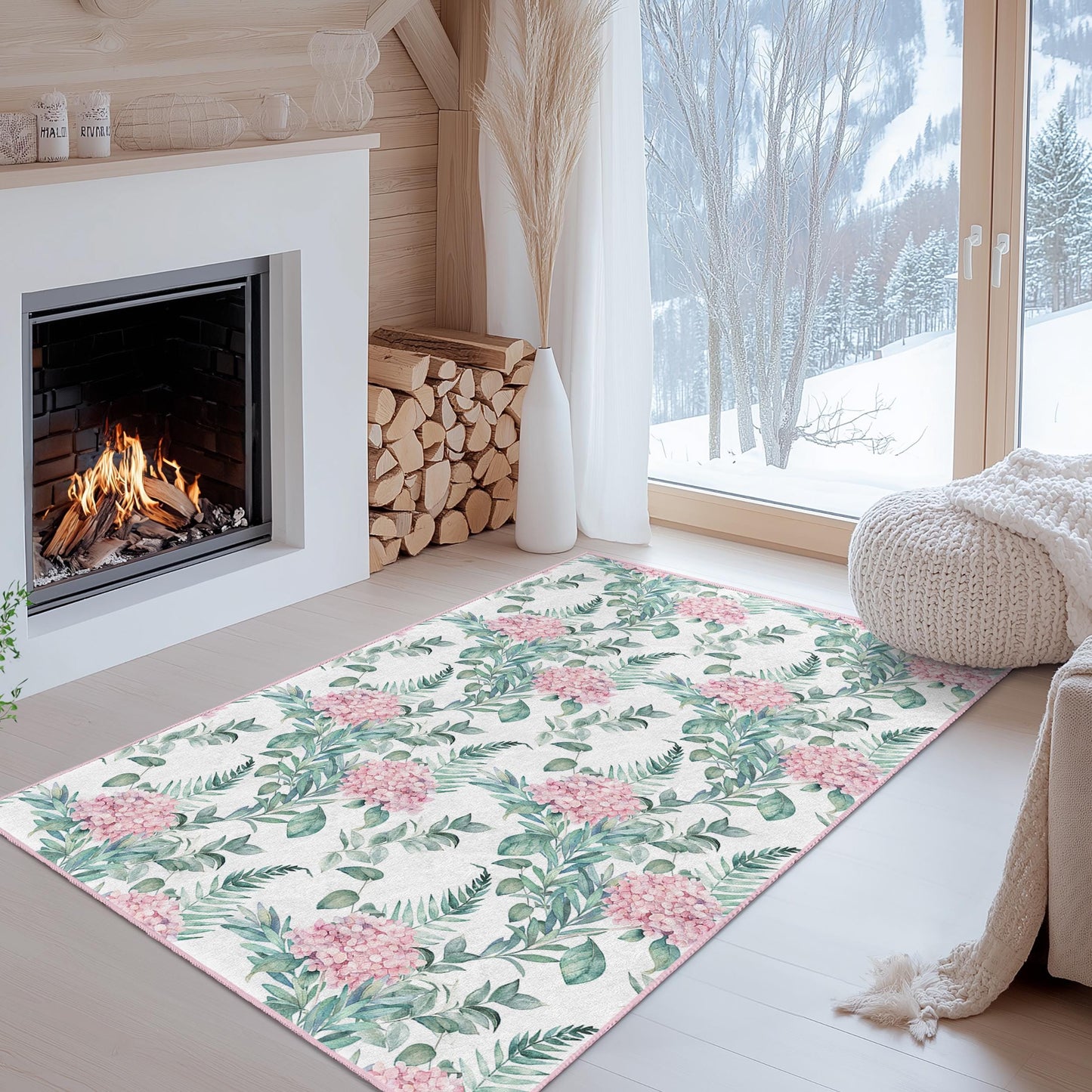 Rechteckiger Teppich mit Blumenmuster, Wohnzimmerteppich mit rosa Hortensienmotiv, botanische Dekoration für Zuhause, weiche und kuschelige Fußmatte