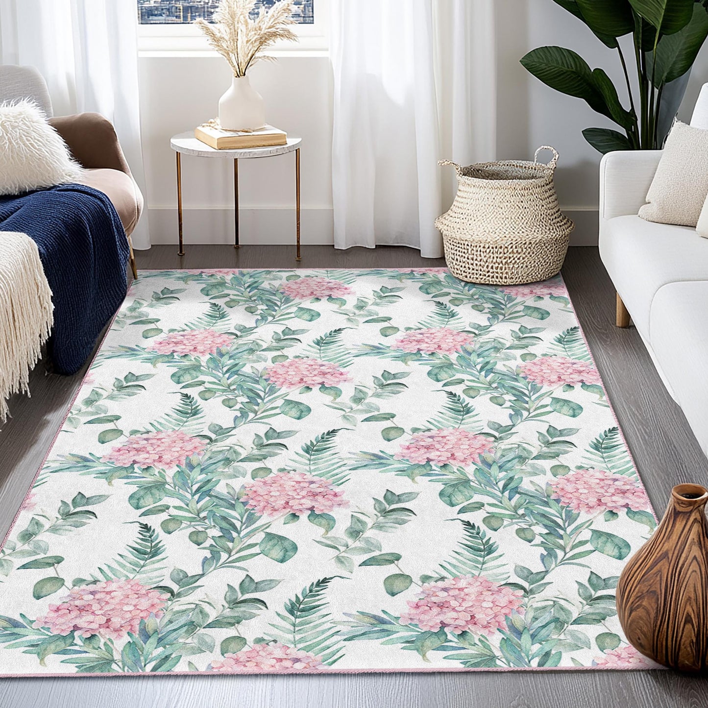 Rechteckiger Teppich mit Blumenmuster, Wohnzimmerteppich mit rosa Hortensienmotiv, botanische Dekoration für Zuhause, weiche und kuschelige Fußmatte