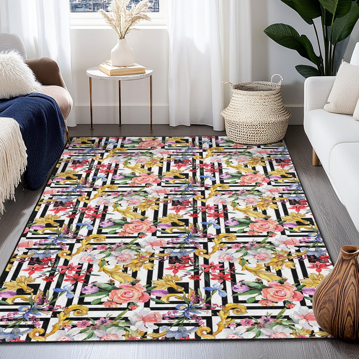 Rechteckiger Teppich mit floralem Streifenmuster, eleganter, moderner Wohnzimmerteppich, stilvolle Wohndekoration, Fußmatte für den Innenbereich
