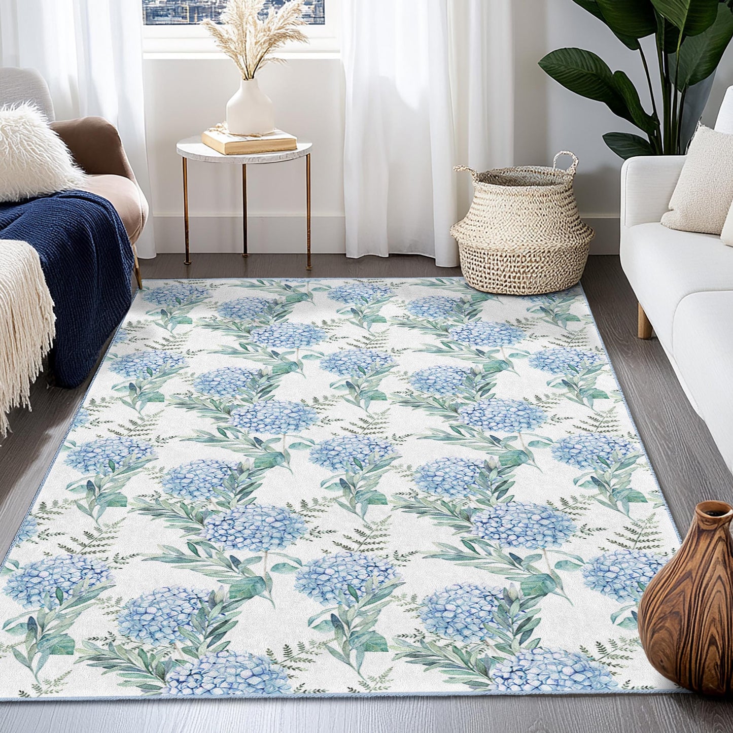 Rechteckiger Teppich mit Blumenmuster, blauer Hortensien-Design, Wohnzimmerteppich, weiche Blumenmatte, Wohnaccessoire, Teppich für den Innenbereich