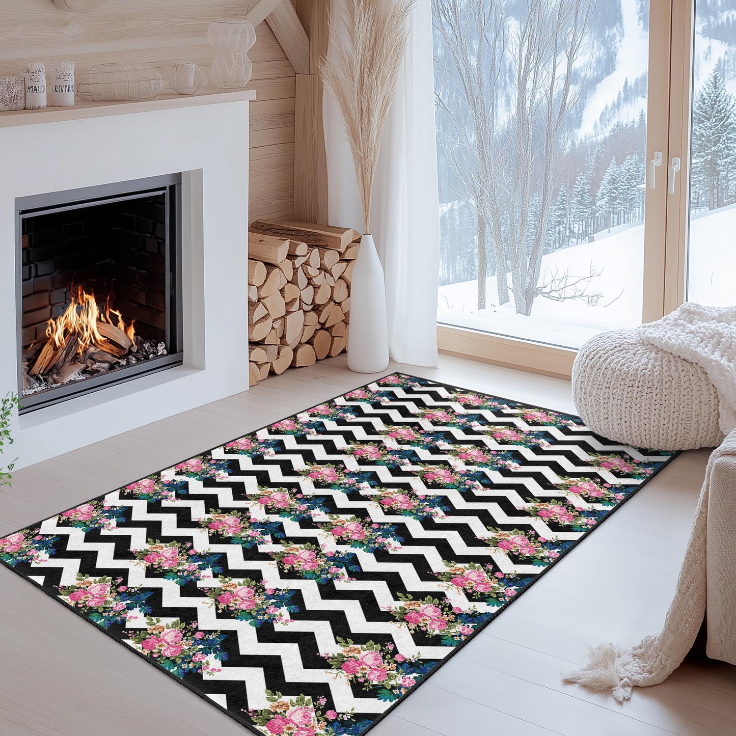 Rechteckiger Teppich mit Chevron-Blumenmuster, moderner schwarz-weißer Teppich, stilvoller Wohnzimmerteppich, schicke Heimdeko-Matte