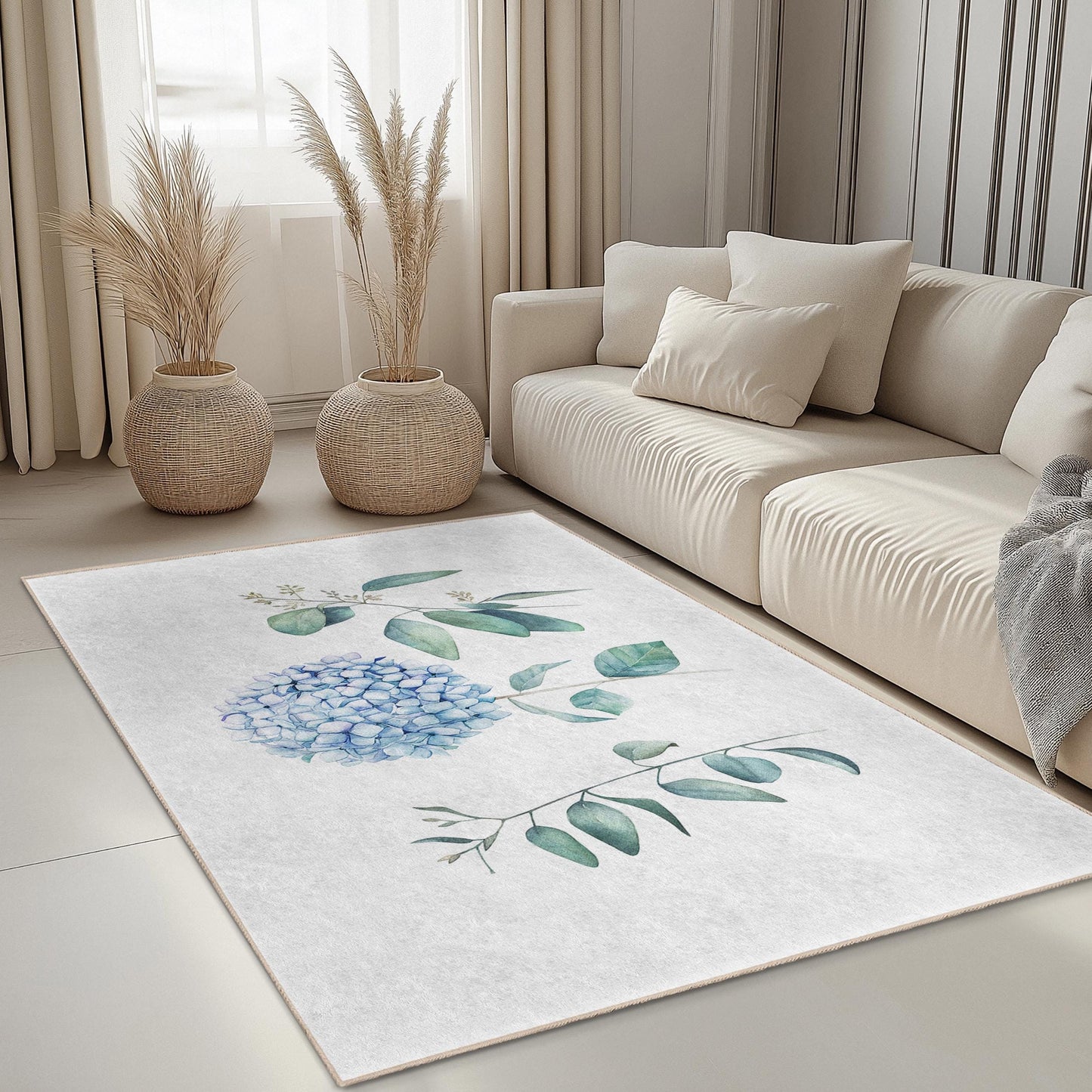 Eleganter rechteckiger Teppich mit blauem Blumenmuster, botanisches Design, weicher Teppich für den Innenbereich zur Dekoration