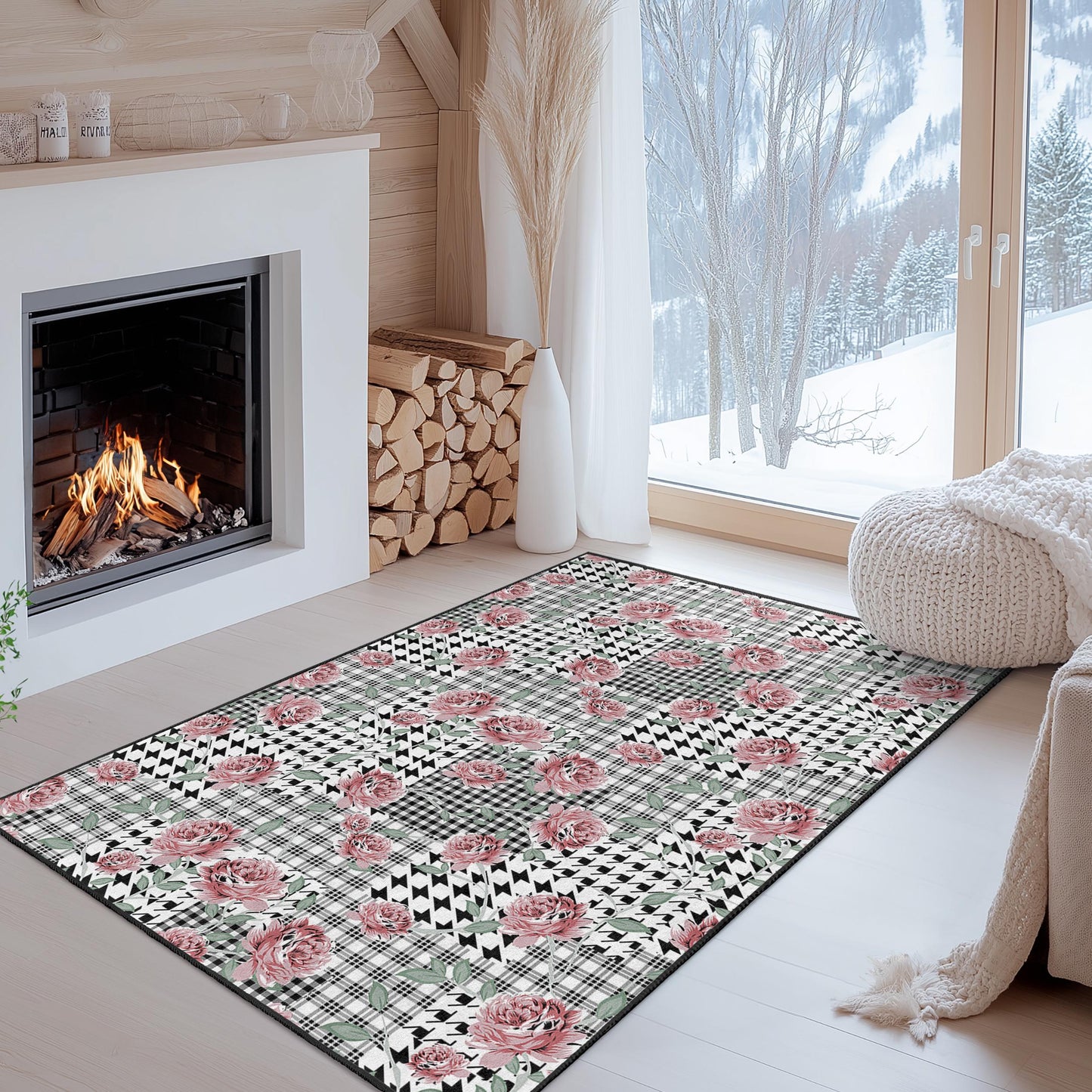 Eleganter Patchwork-Teppich mit Blumenmuster, rechteckiger Wohnzimmerteppich, moderne Wohndekoration, zartes Blumendesign, schwarz-weiß karierter Teppich