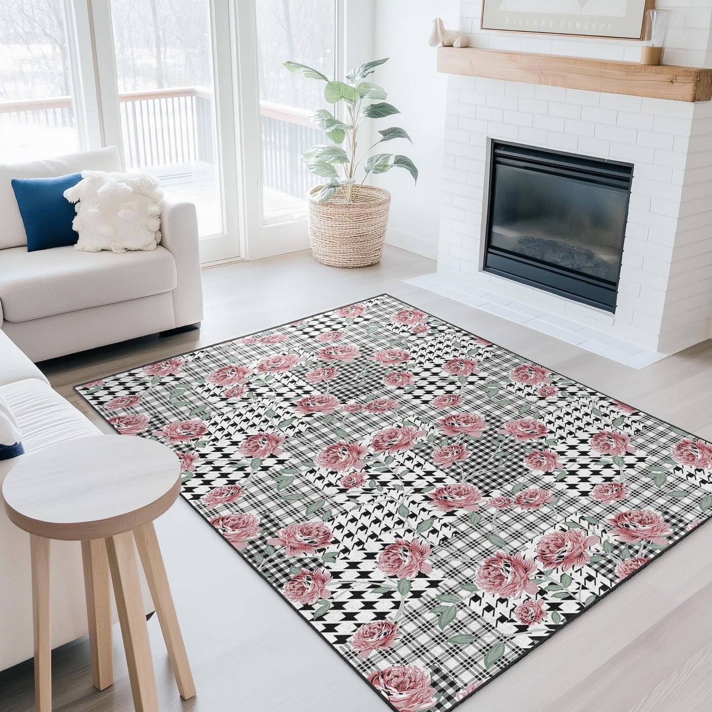 Eleganter Patchwork-Teppich mit Blumenmuster, rechteckiger Wohnzimmerteppich, moderne Wohndekoration, zartes Blumendesign, schwarz-weiß karierter Teppich