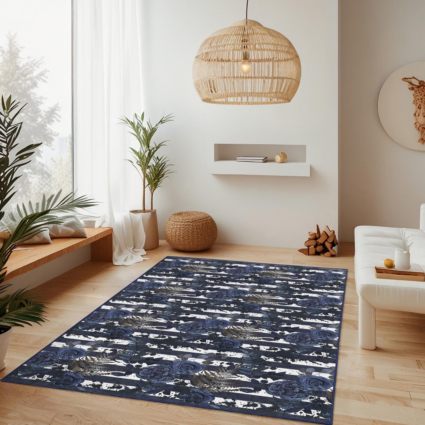 Marineblauer, gestreifter Teppich mit Blumenmuster, rechteckiger Teppich mit Blumenmuster für das Wohnzimmer, moderne Wohndekoration, elegante gestreifte Fußmatte