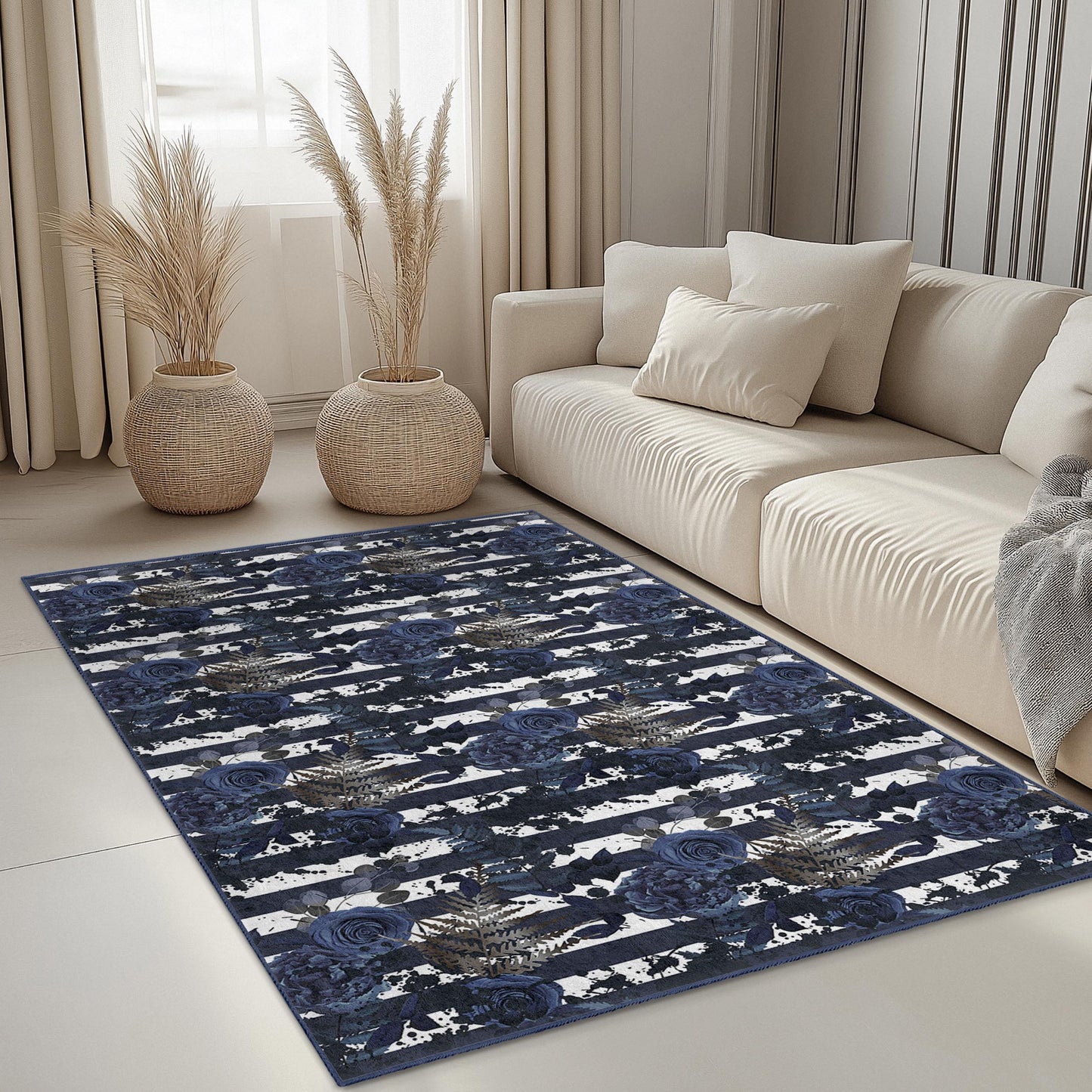 Marineblauer, gestreifter Teppich mit Blumenmuster, rechteckiger Teppich mit Blumenmuster für das Wohnzimmer, moderne Wohndekoration, elegante gestreifte Fußmatte