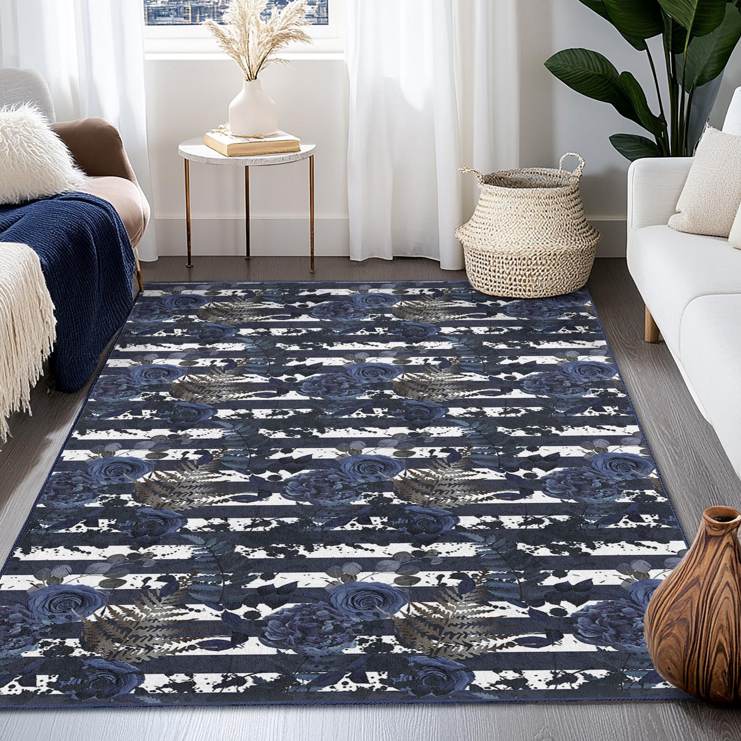 Marineblauer, gestreifter Teppich mit Blumenmuster, rechteckiger Teppich mit Blumenmuster für das Wohnzimmer, moderne Wohndekoration, elegante gestreifte Fußmatte