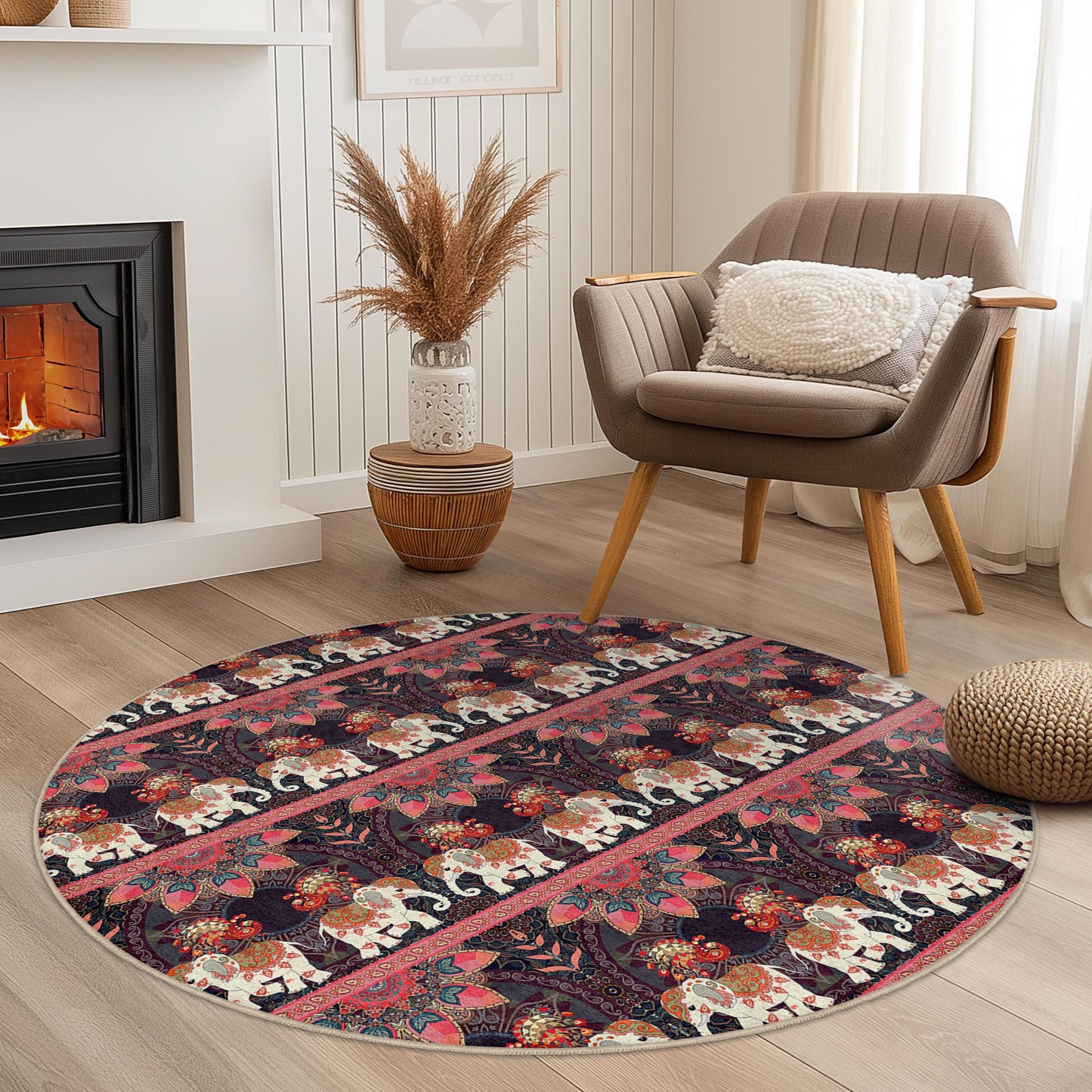 Eleganter runder Teppich mit Elefantenmuster, runder Teppich im Bohème-Stil, Wohnzimmerdekoration, weicher Teppich, einzigartiges Wohnaccessoire