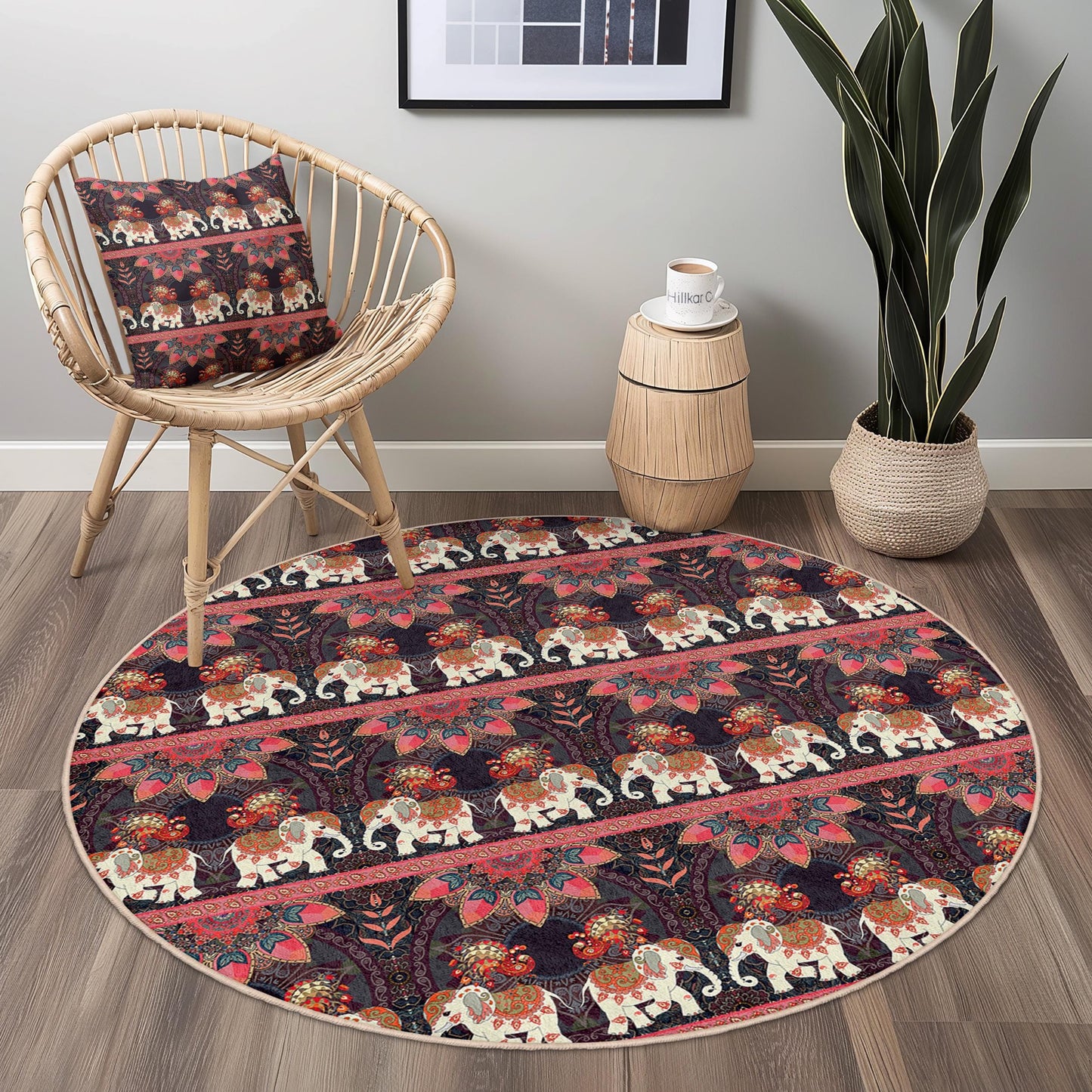 Eleganter runder Teppich mit Elefantenmuster, runder Teppich im Bohème-Stil, Wohnzimmerdekoration, weicher Teppich, einzigartiges Wohnaccessoire