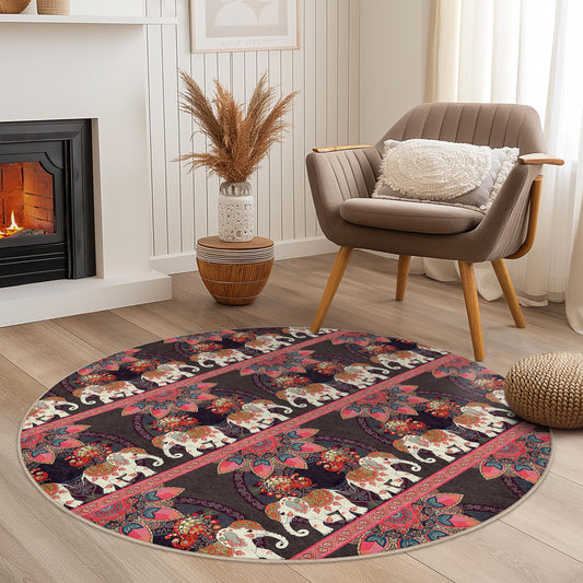 Exotic Floral Elephant Round Area Rug, Bohemian Elephant Carpet, Unique Round Rug for Living Room, Colorful Elephant Design, Home Decor